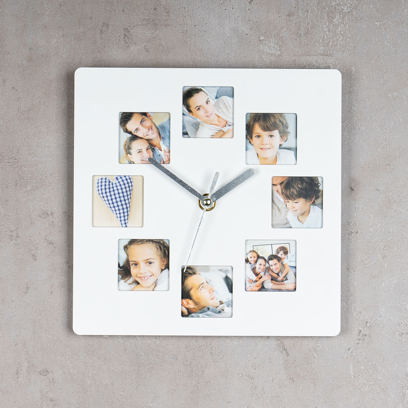 Wanduhr Weiß 21x21cm Fotouhr 8 Fotos Bilder Bilderrahmen Fotorahmen Küchenuhr