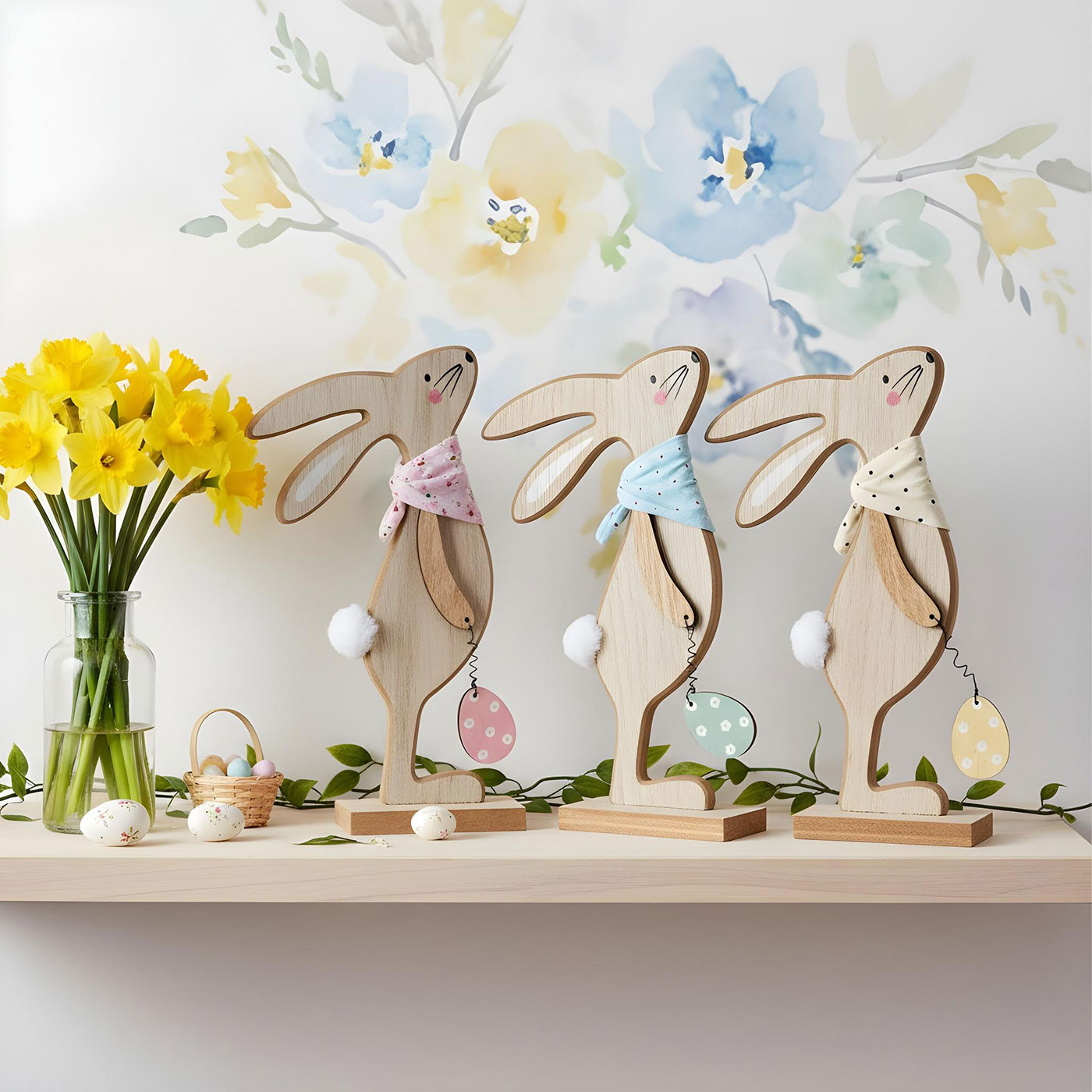 3er Set Deko-Aufsteller H25cm Hase Gelb Rosa Grün Osterhase Ei Tischdeko Ostern