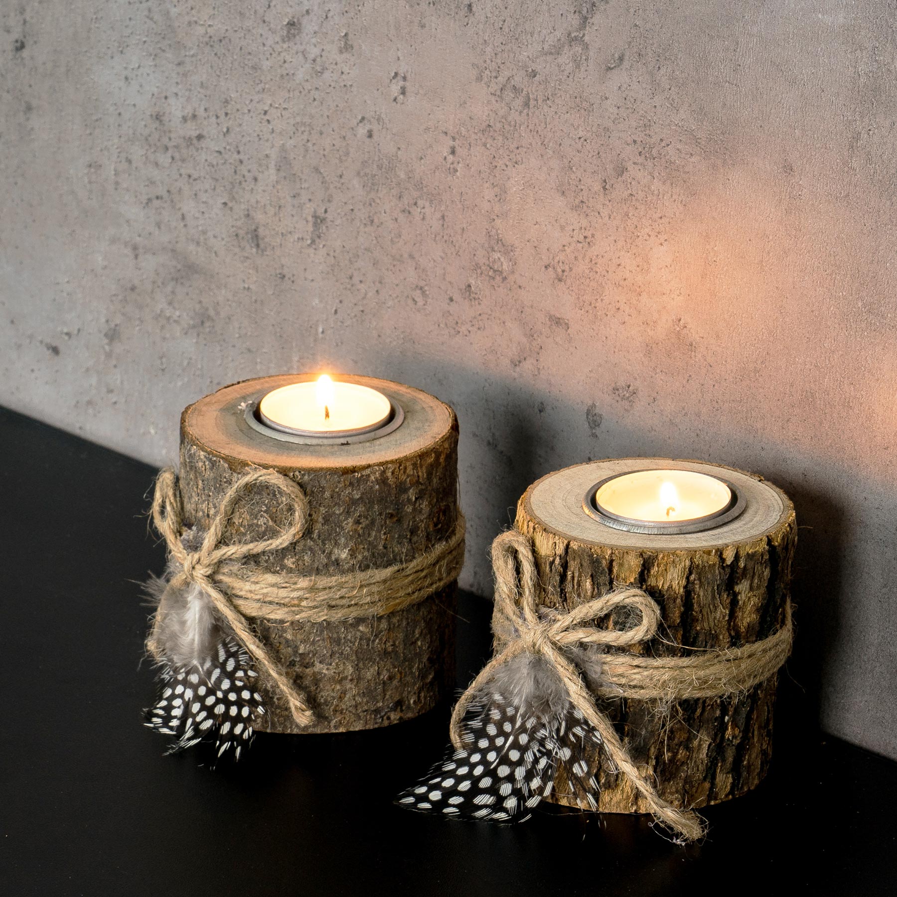 2er Set Teelichthalter Holz je 8,5cm hoch Kerzenhalter Federn Kerzenständer