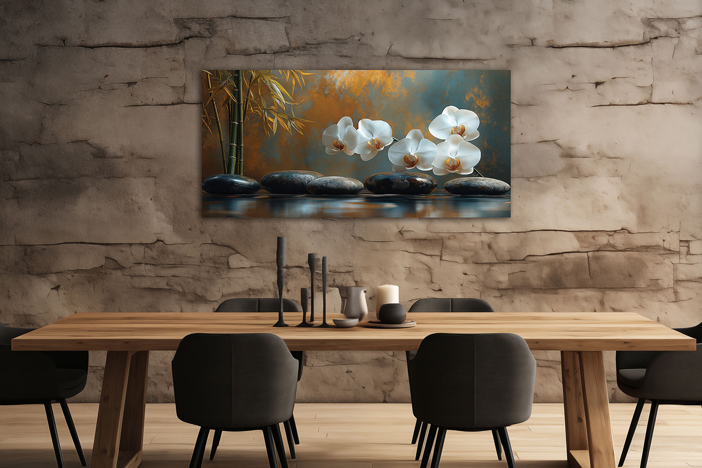 XXL Leinwand 115x55cm Wandbild Weiße Orchidee Bambus Bild Kunstdruck Spa Deko