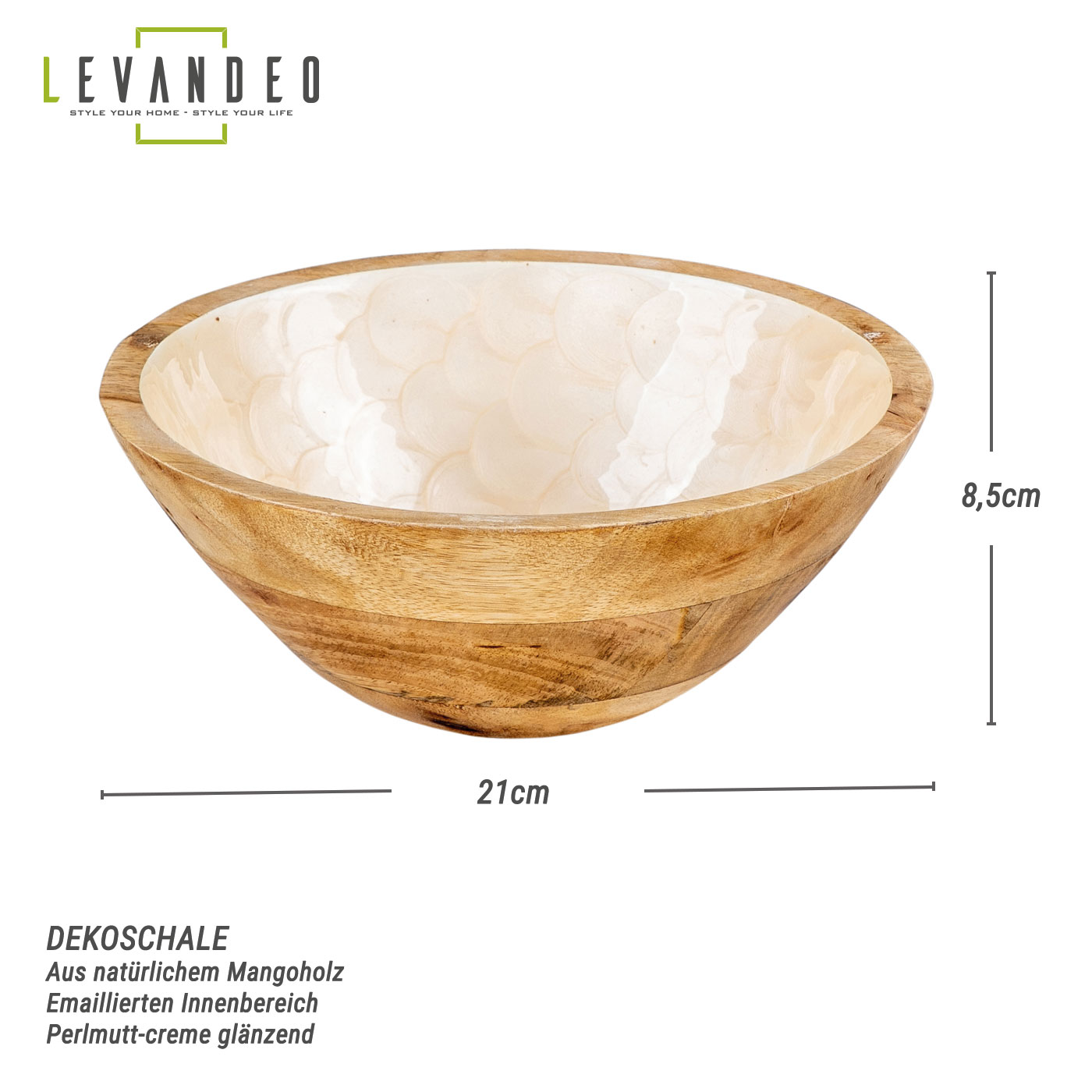 Schüssel 21cm Mango Holz Creme Perlmutt Emaille Schale Bowl Salatschüssel Deko