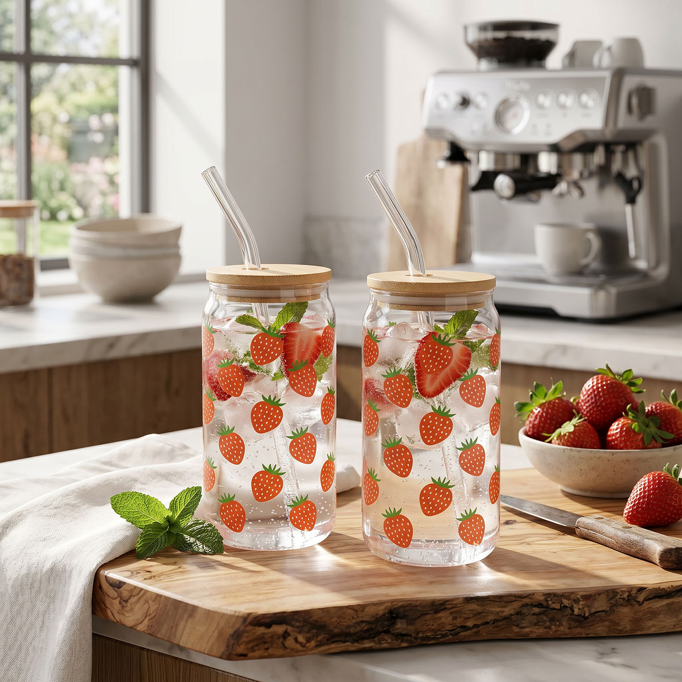2er Set Trinkglas 500ml Erdbeere Glas-Strohhalm Bambusdeckel Trinkbecher Sommer