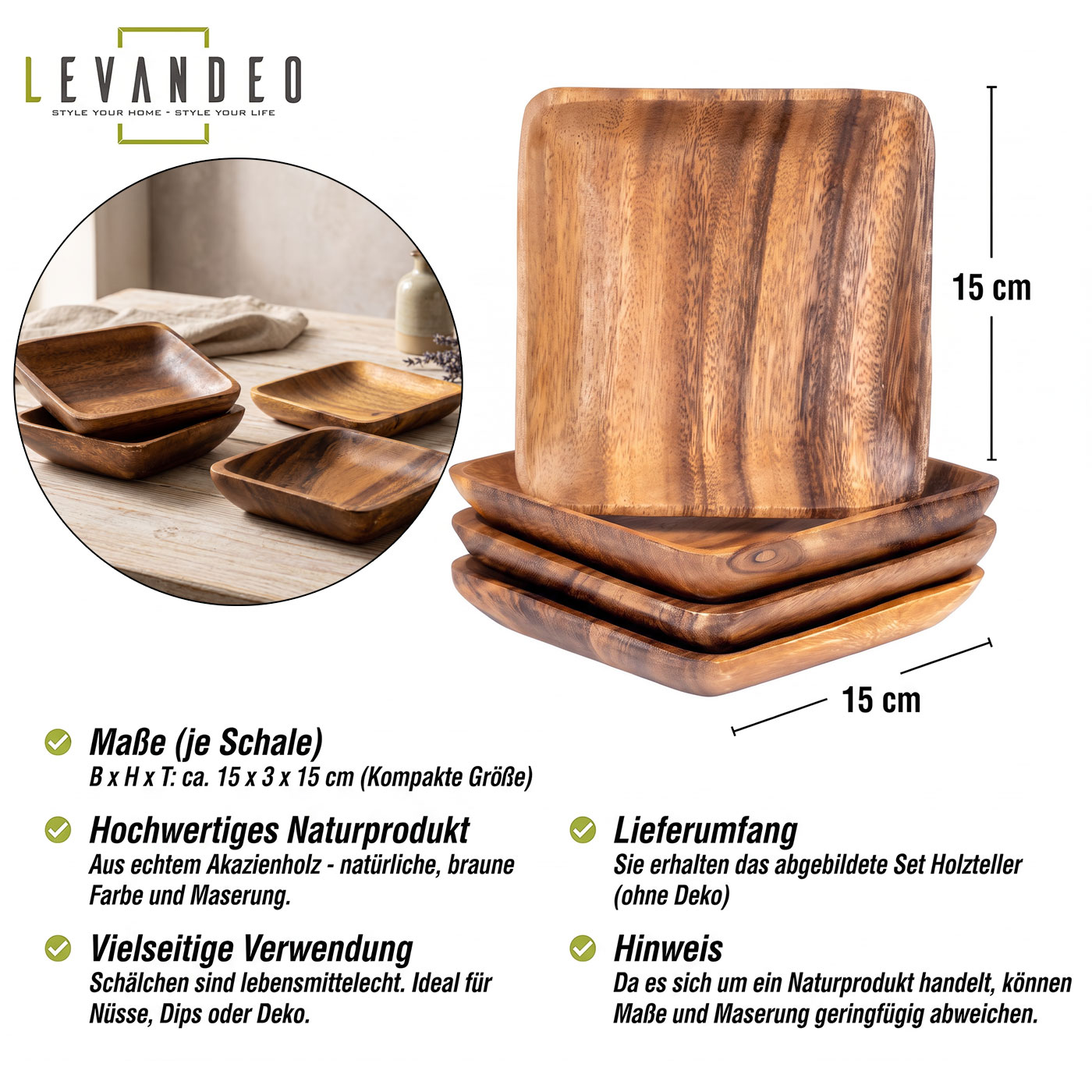 4er Set Teller Akazienholz 15x15cm Holzschale Dipschale Quadratische Snackschale