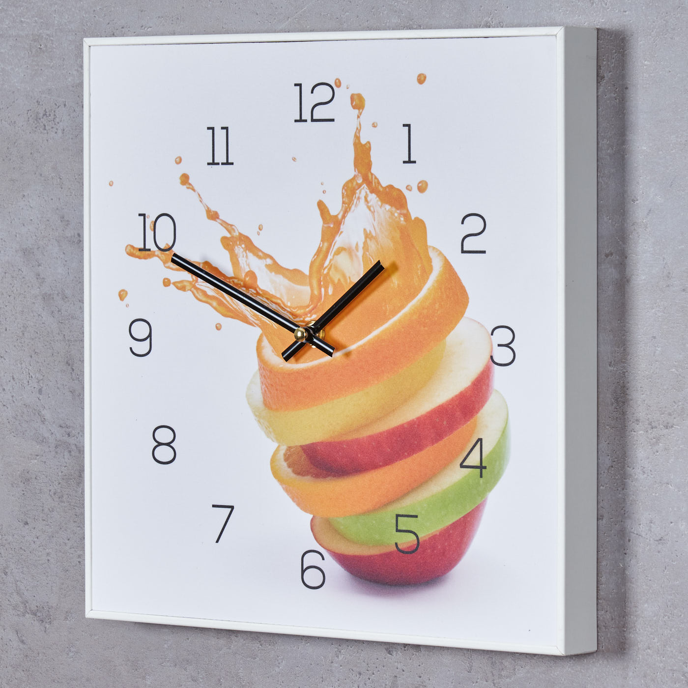 Wanduhr 30x30cm Uhr PVC Rahmen Weiß Orange Apfel Wasser Frucht Küche Wanddeko