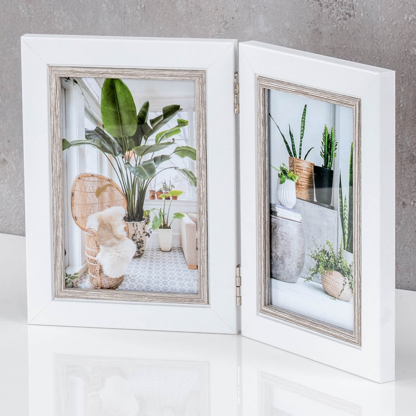 Fotoaufsteller 2 Fotos 10x15 Weiß Eiche gekälkt MDF Holz Bilderrahmen Fotogeschenk