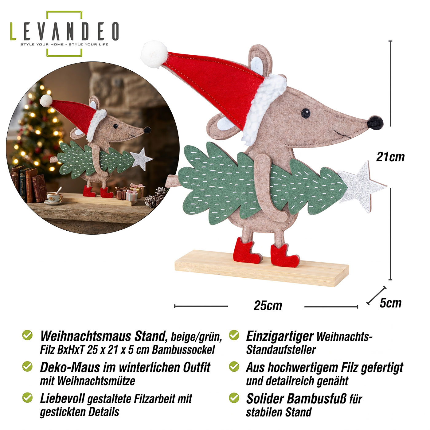 Deko Aufsteller Weihnachtsmaus 25x21cm Filz Bambus Holz Weihnachtsdeko Maus Figur