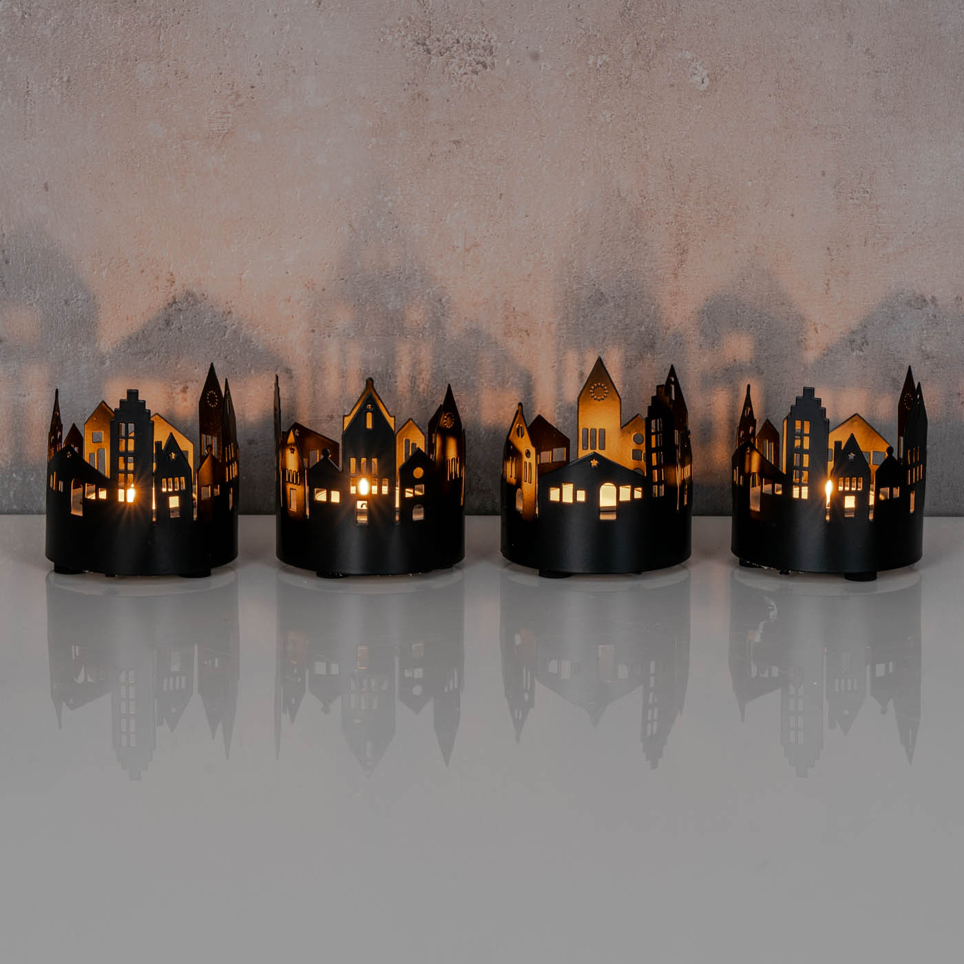4er Set Teelichthalter Schwarz Metall Haus Windlicht Tischdeko Kerzenhalter Deko