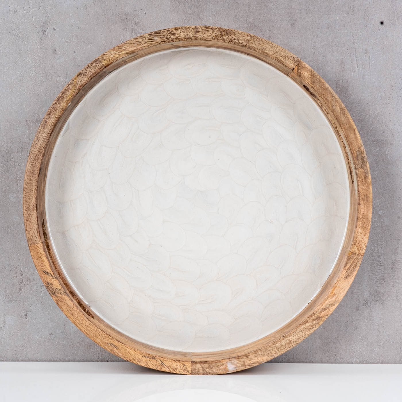Tablett 35cm Rund Mango Holz Creme Perlmutt Emaille Ablage Serviertablett Deko