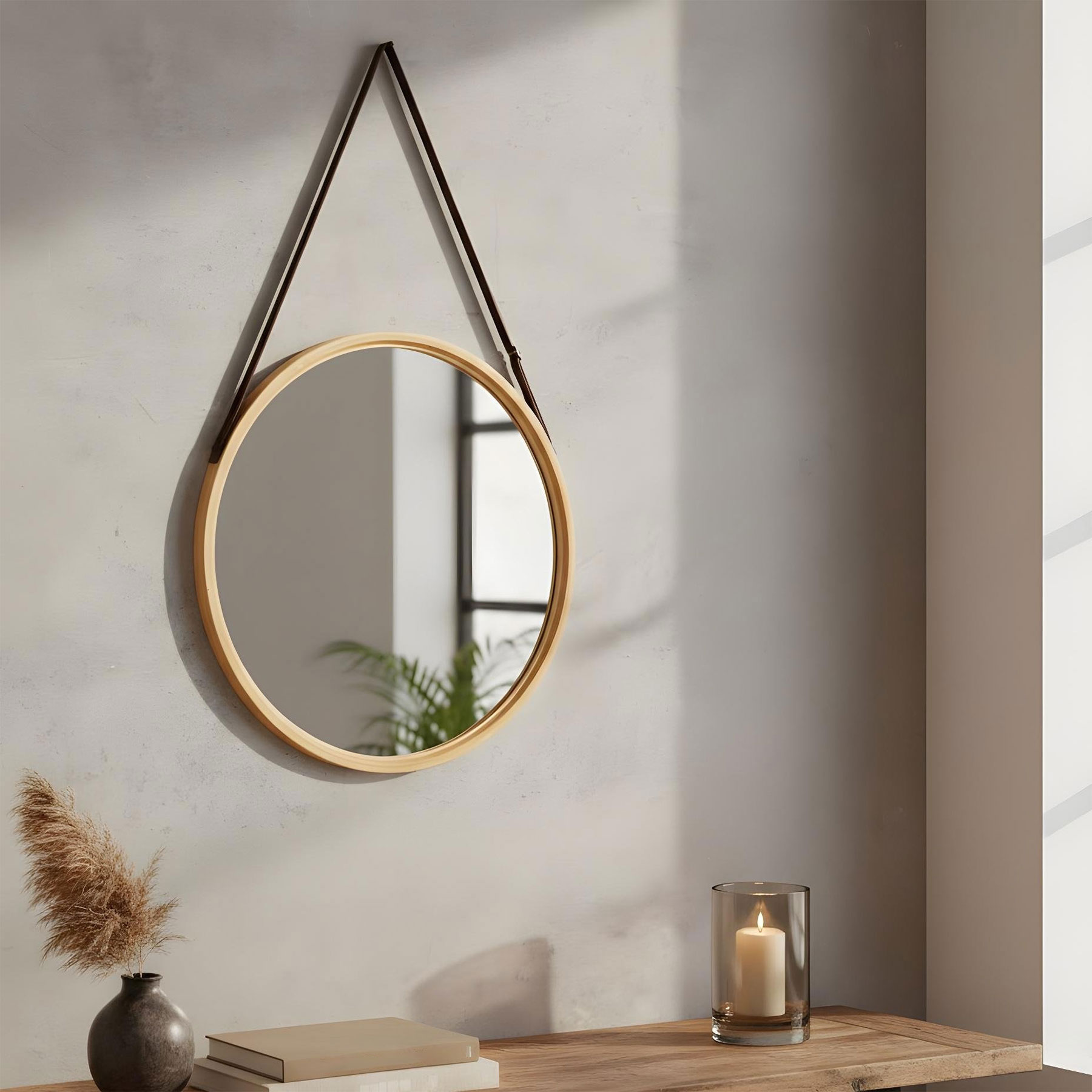 Wandspiegel 38cm Rund Bambus Holz Kunstleder Flurspiegel Wanddeko Deko Spiegel