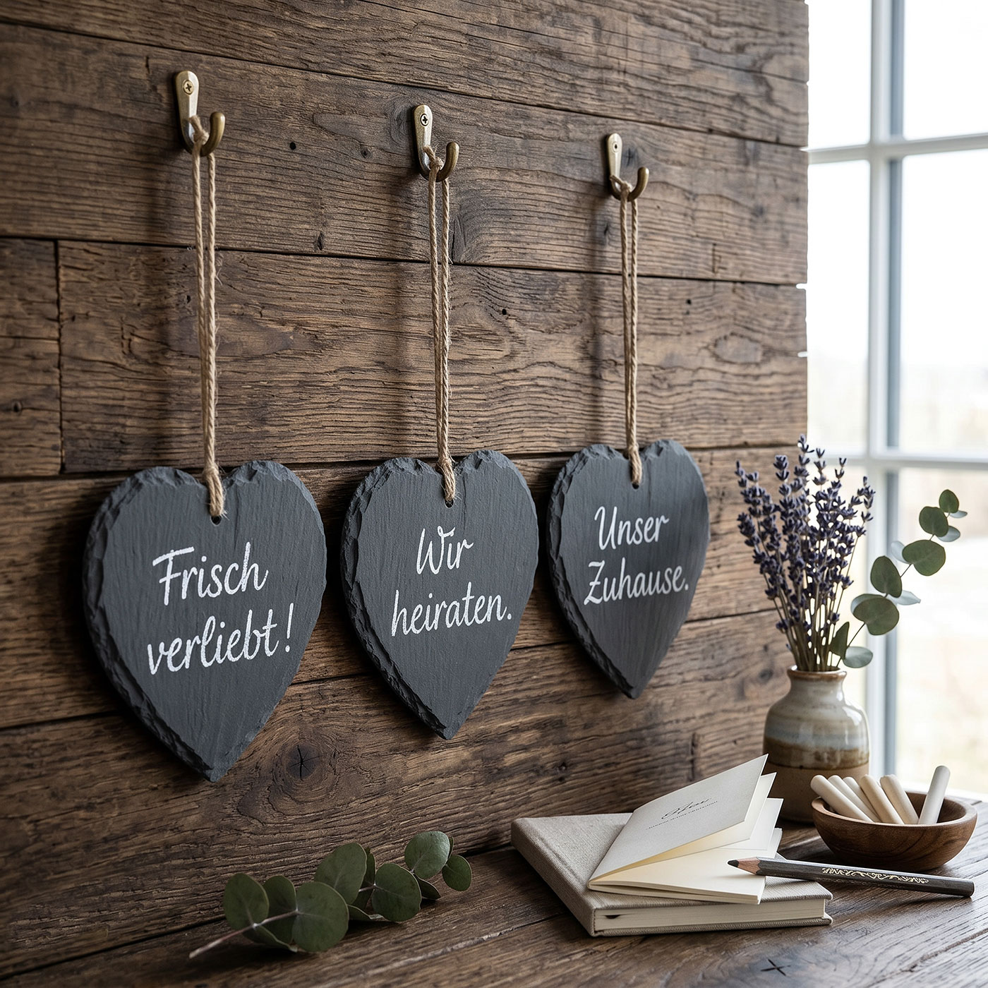 3er Set Schiefertafel Herz 12x11cm Schieferplatte Memotafel Türschild Dekohänger