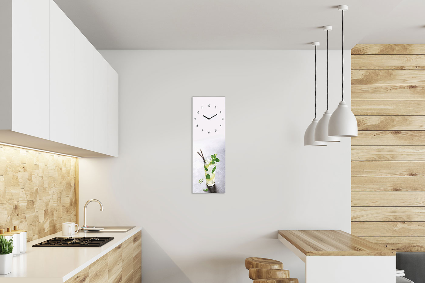 Wanduhr Glas 20x60cm Cocktail Limette Glasuhr Uhr Glasbild Küche Bar Deko