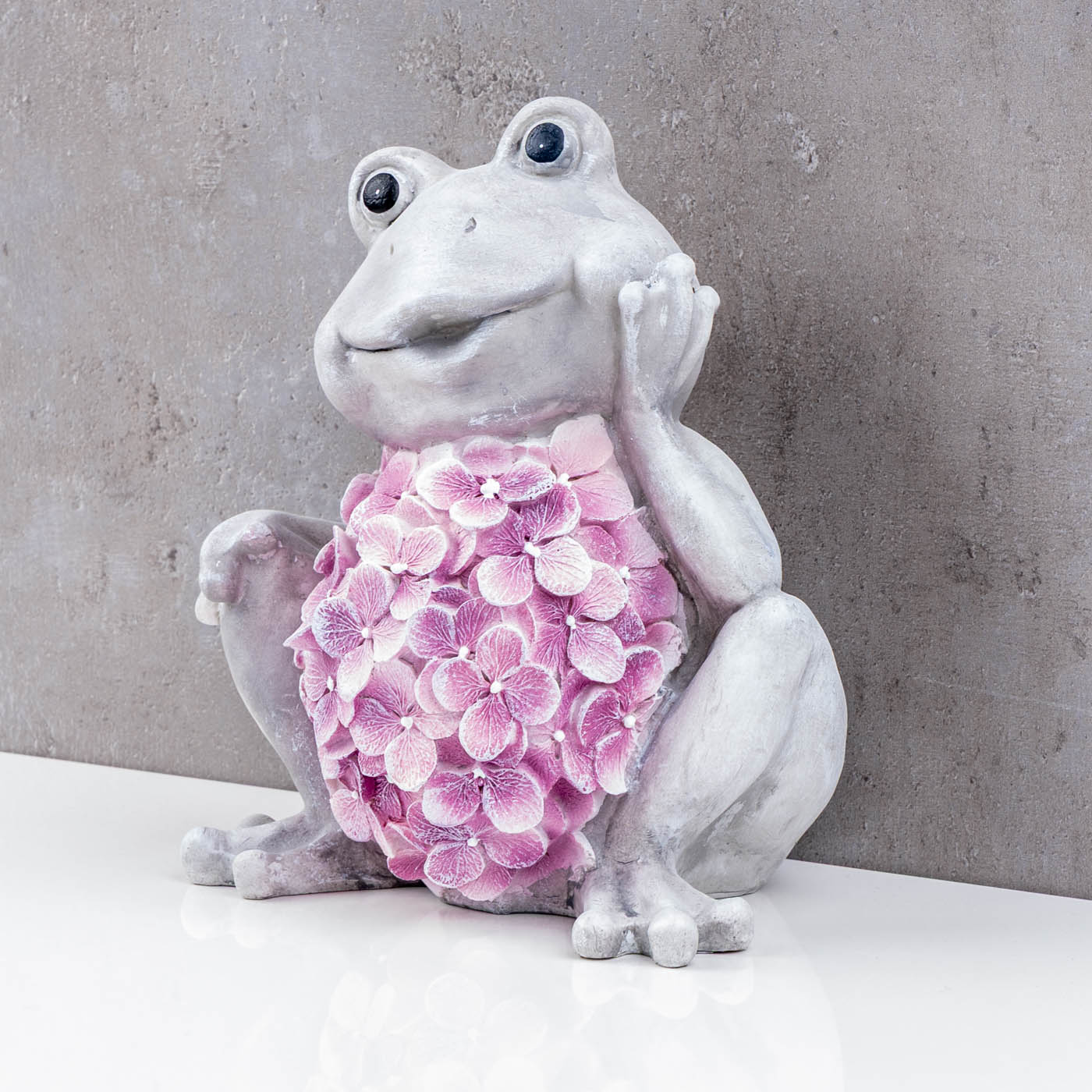 Dekofigur Frosch Grau Rosa Blüten Gartenfigur H21cm Kunststein Gartendeko Wohndeko