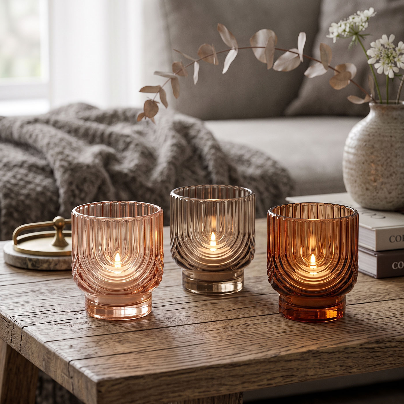 3er Set Kerzenglas Teelichthalter Bernstein Beige Orange Windlichter Herbst Deko