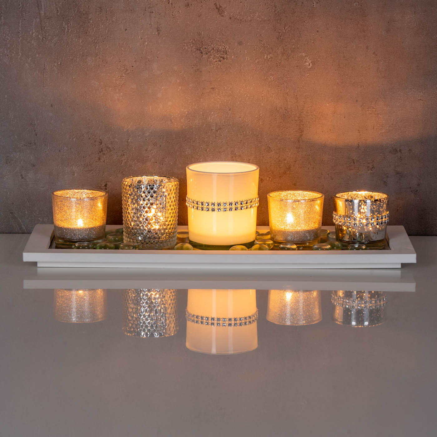 Tablett Teelichthalter Set Silber Weiß Holz Glas Windlichter Kerzenhalter Deko