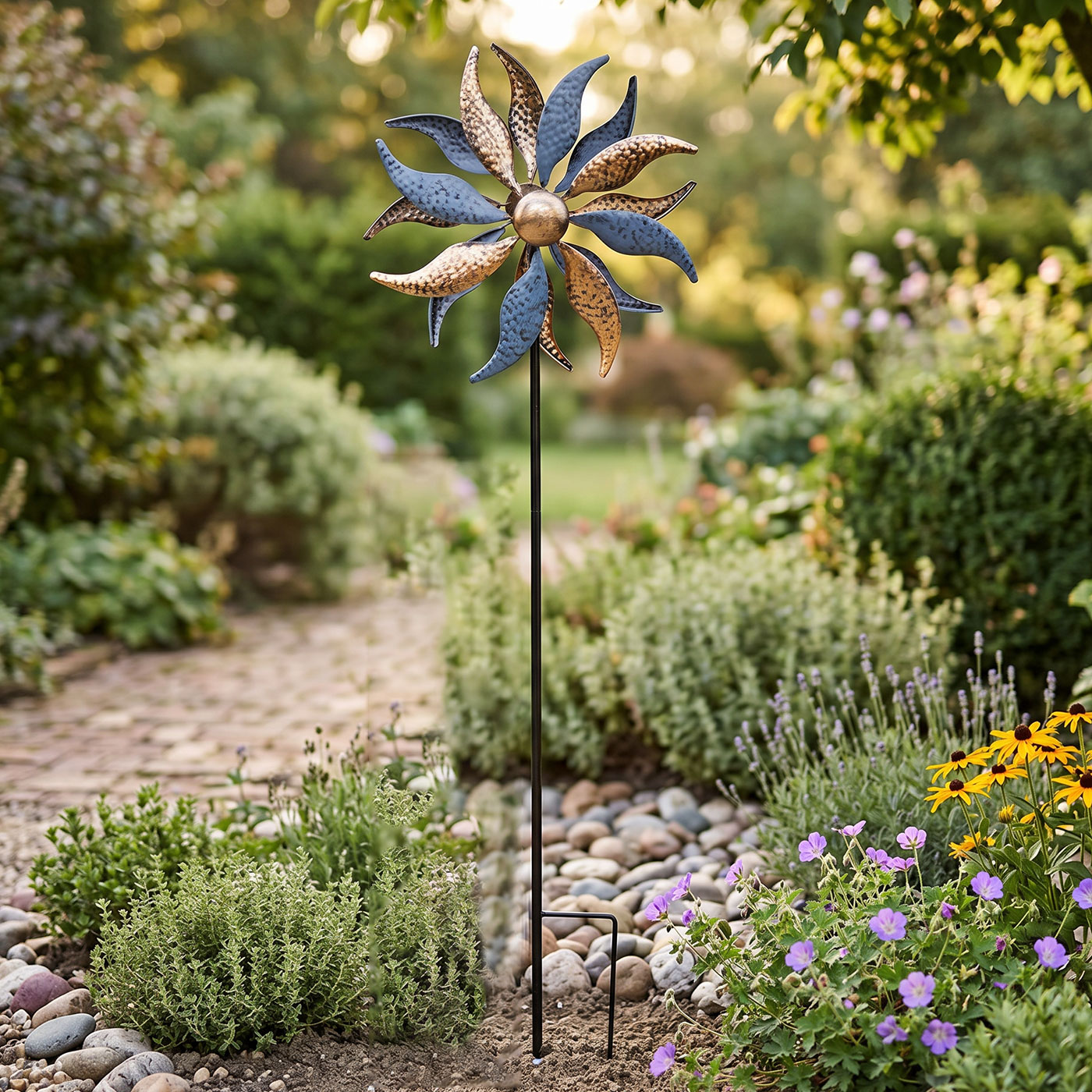 Gartenstecker Windrad H123cm Metall Gold Blau Windmühle Erdspieß Garten Deko