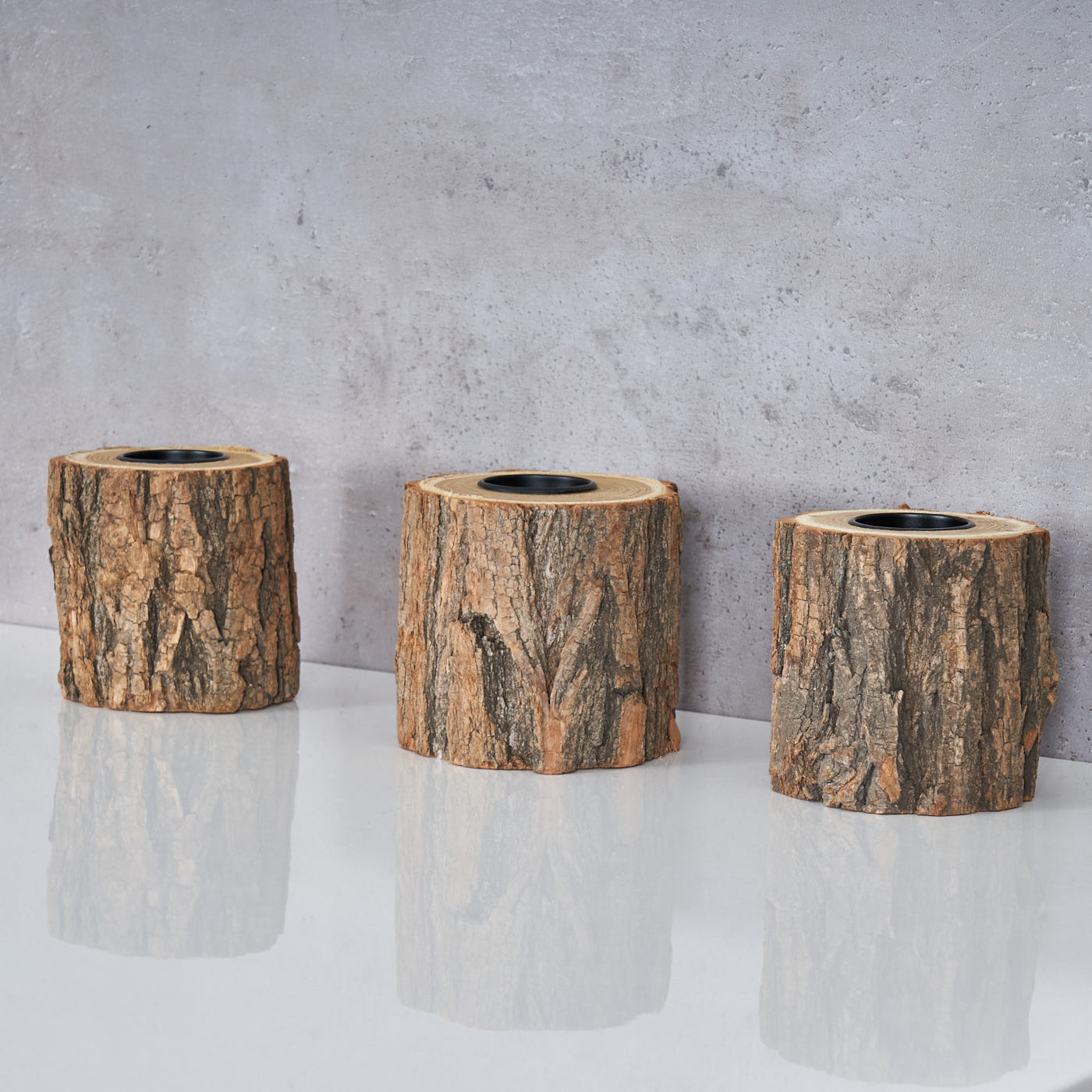 3er Set Teelichthalter Holz H10cm Kerzenhalter Kerzenständer Baum Natur Unikat