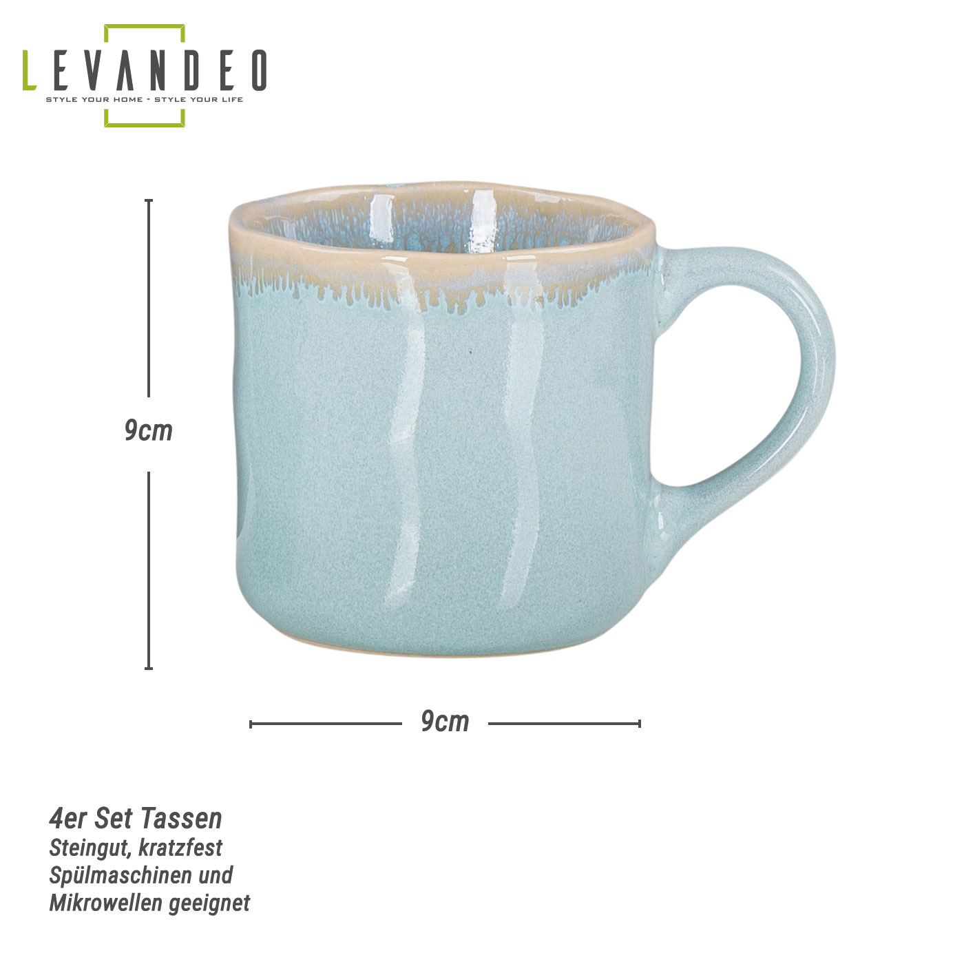 4er Set Steingut Becher 350ml Tasse Grün Kaffeepott Tasse Modern Design Küche