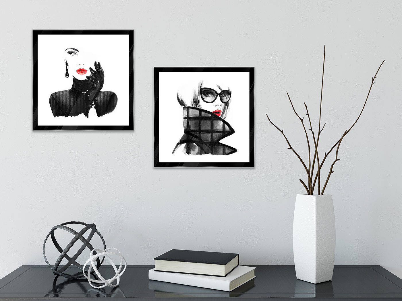 2er Set Wandbild 20x20cm Glas Schwarz Weiß Kunstdruck Frau Rote Lippen Wanddeko