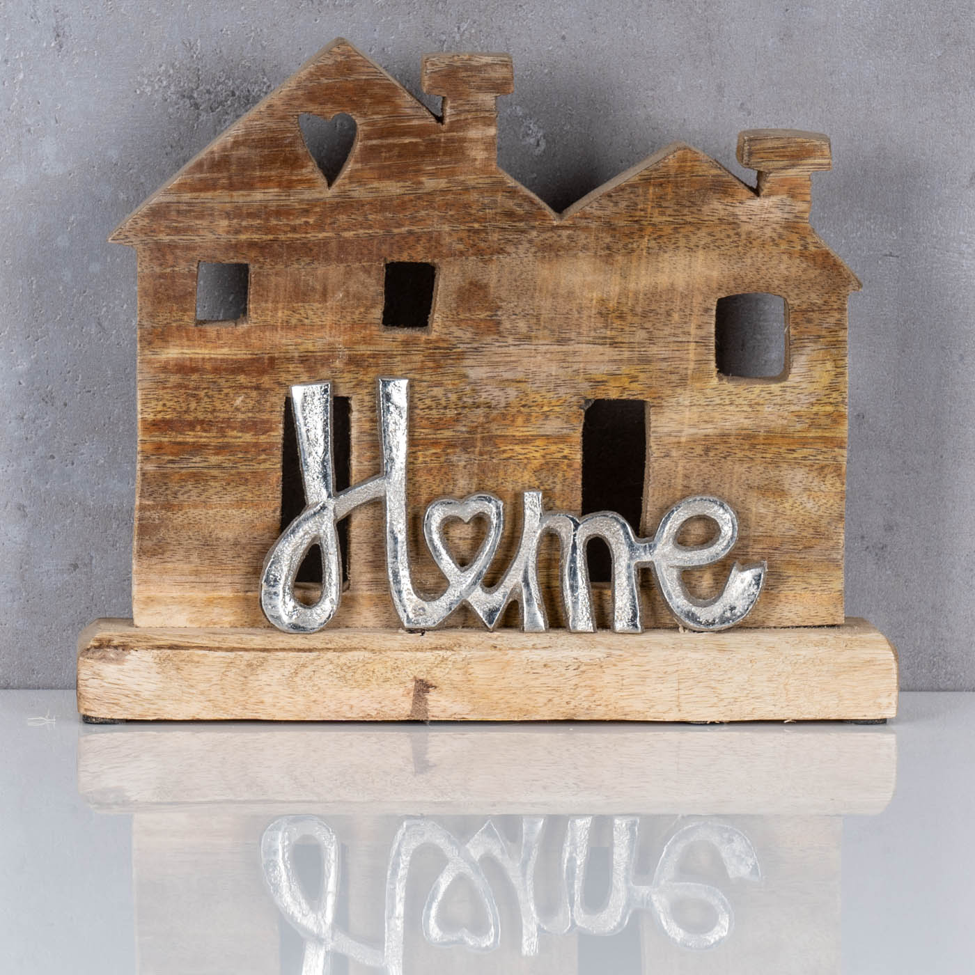 Aufsteller Haus H22cm Home Mango Metall Schriftzug Holz Deko Mangoholz Tischdeko