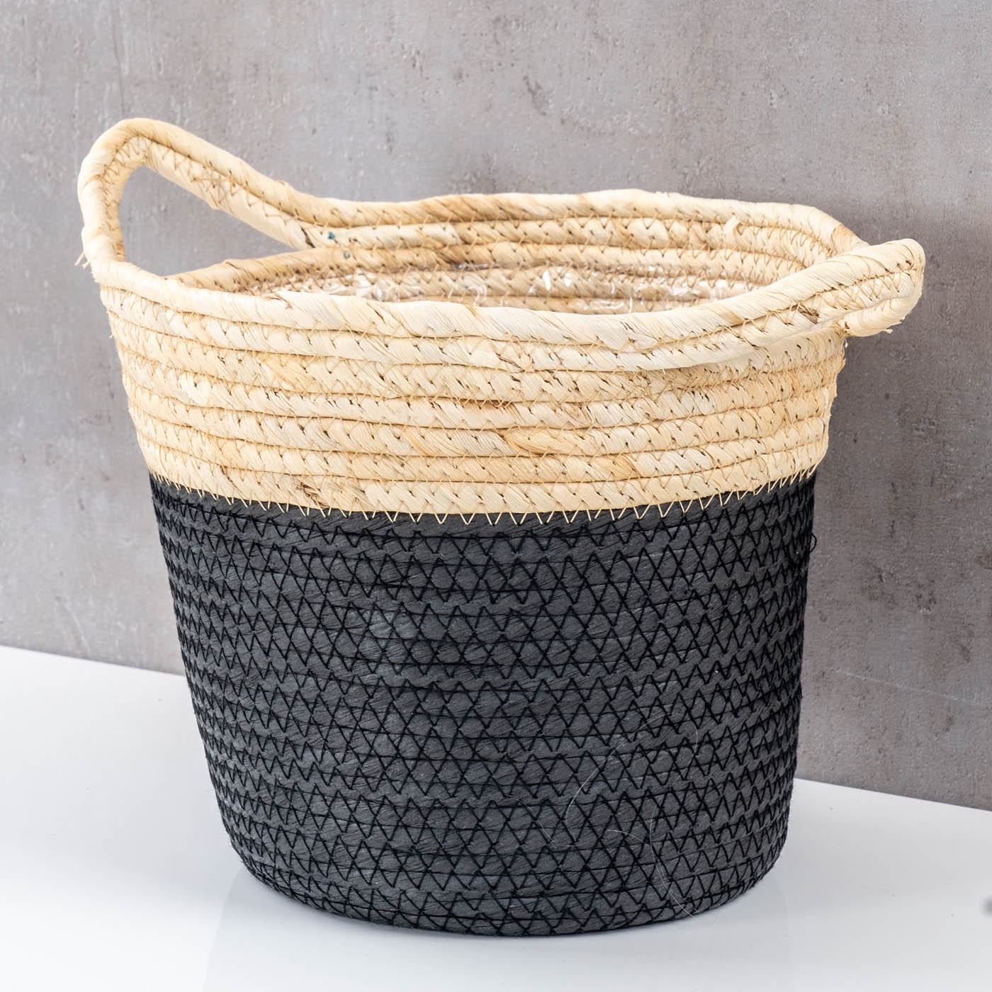Korb Rund H20cm Natur Schwarz Pflanzkorb Geflochten Aufbewahrung Boho Deko