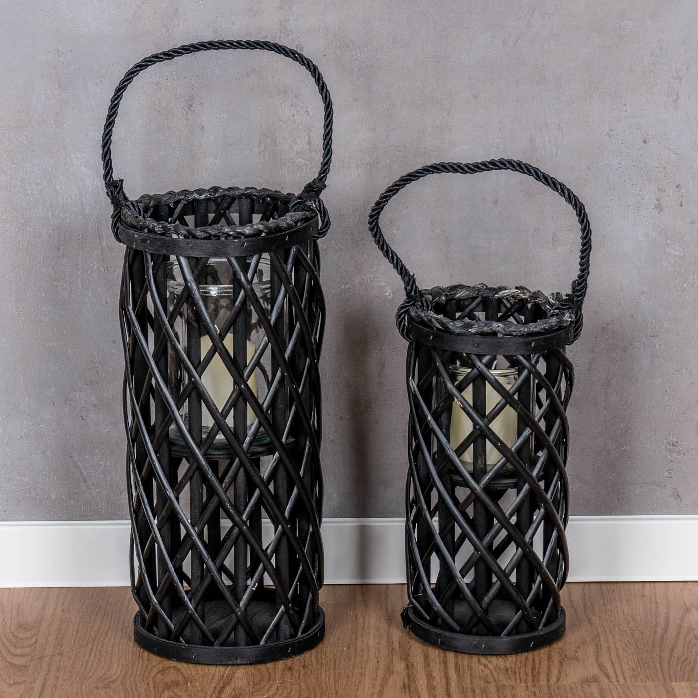 2er Set Laterne Windlicht H40cm H31cm Schwarz Holz Weide Kerzenhalter Garten