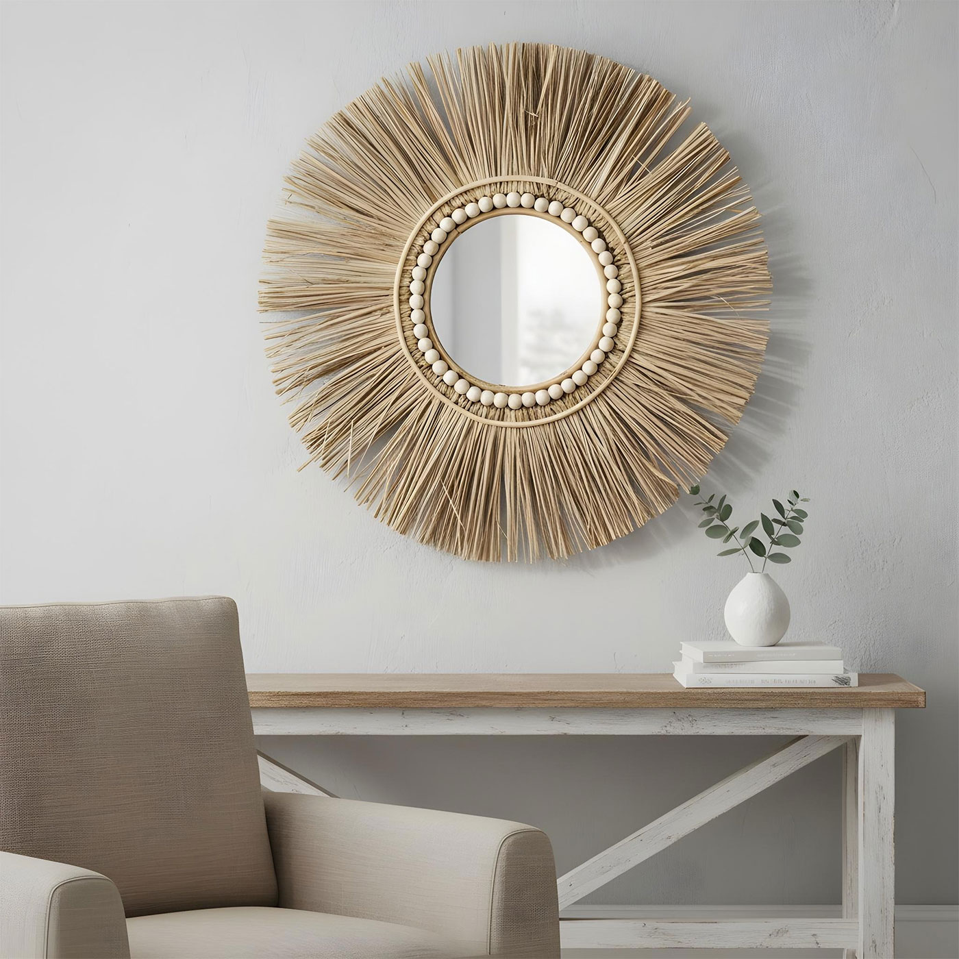 Spiegel Seegras Ø 55cm Wandspiegel Rund Flurspiegel Wanddeko Boho Deko Natur