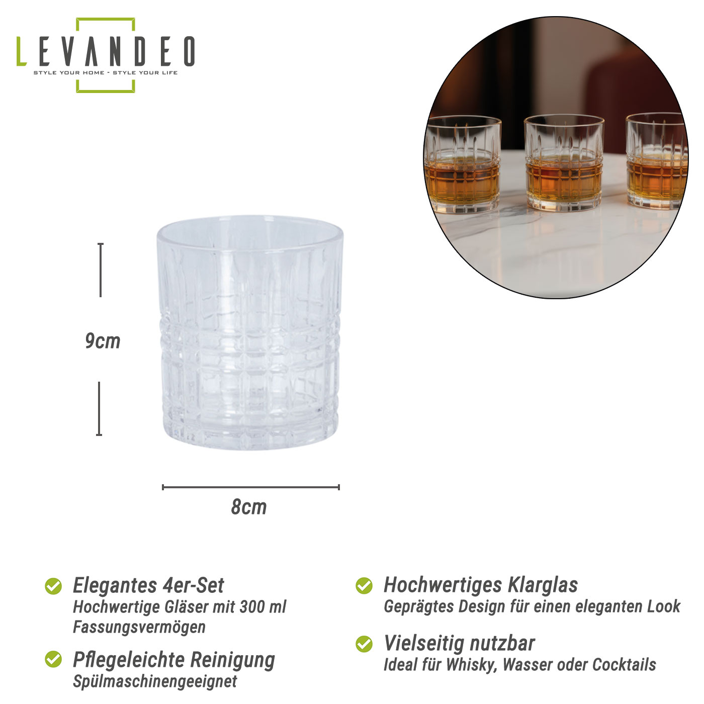 4er Whiskyglas 300ml Klar Trinkglas Karo Muster Rum Gin Spülmaschinenfest