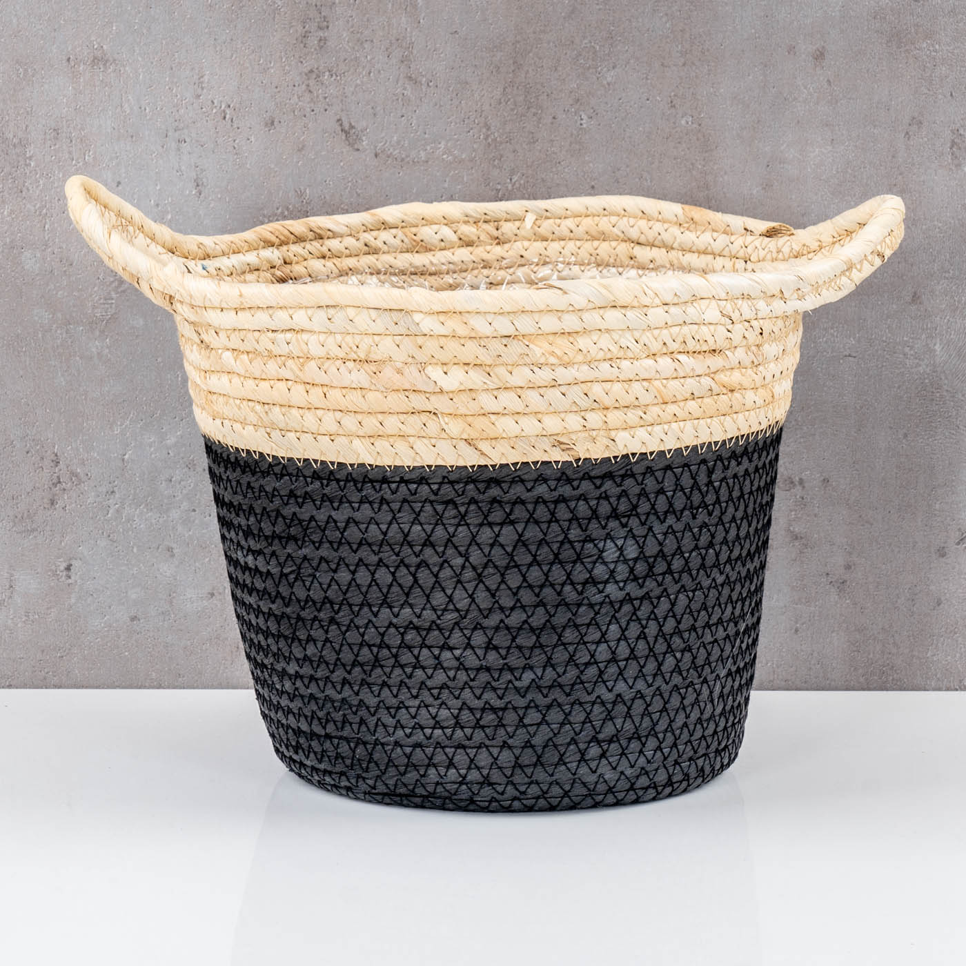 Korb Rund H20cm Natur Schwarz Pflanzkorb Geflochten Aufbewahrung Boho Deko