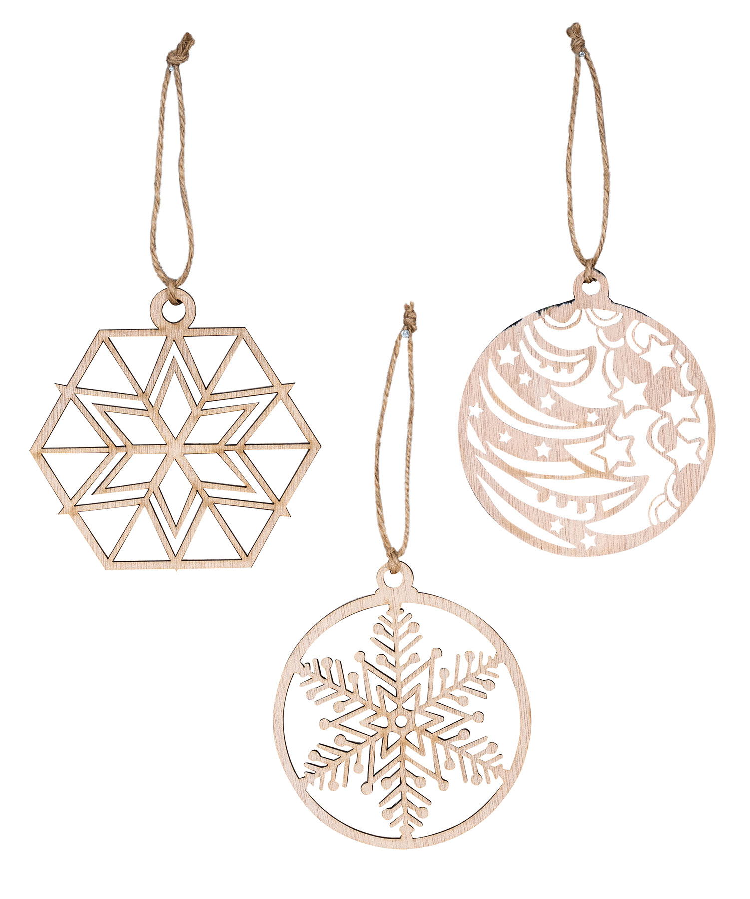 3er Set Deko-Anhänger Weihnachten Holz Birkenholz Schneeflocke Kugel Baumschmuck