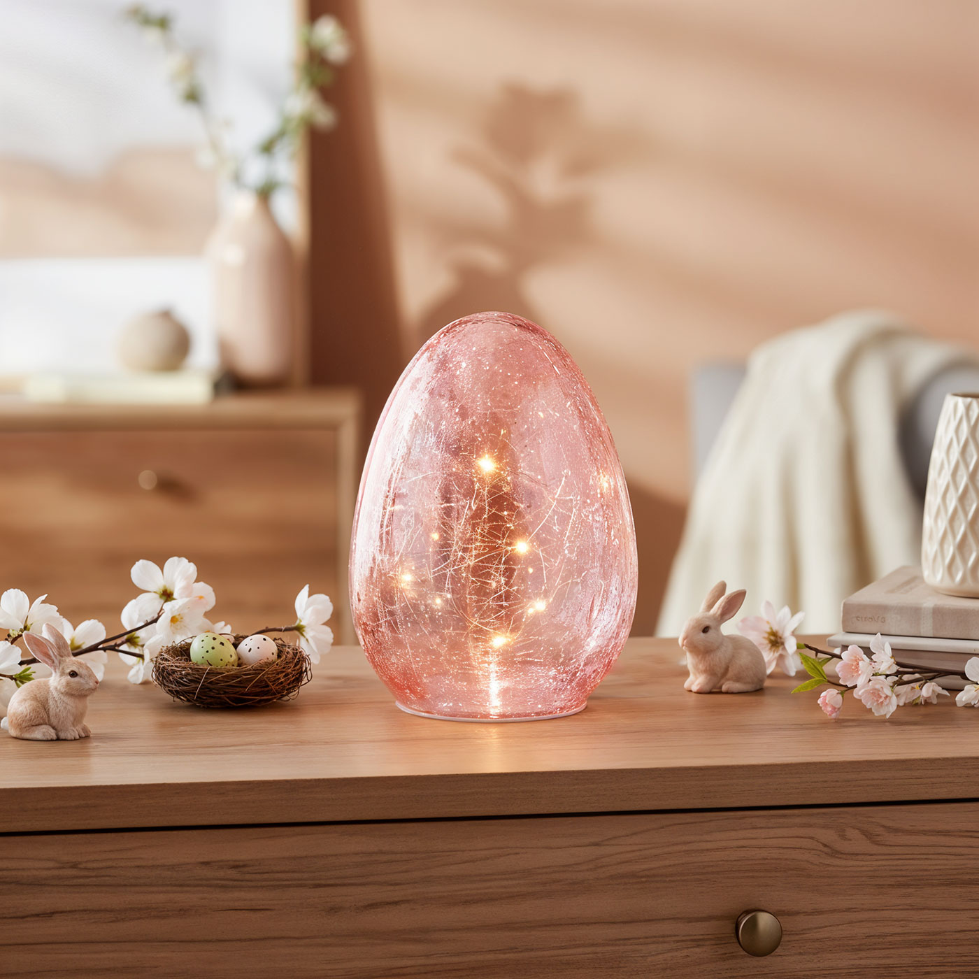 LED Osterei H16cm Rosa Glas Dekolampe Timer Osterdeko Tischlampe Stimmungslicht