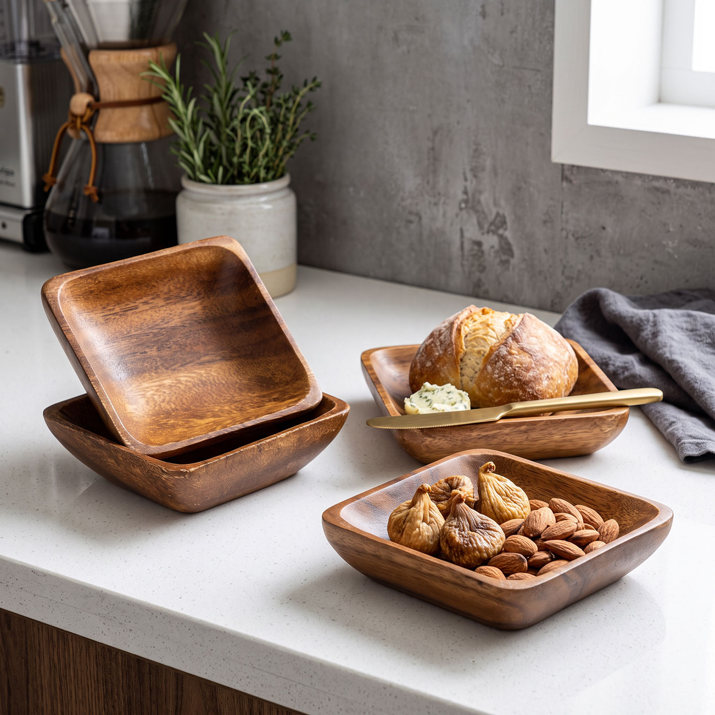 4er Set Teller Akazienholz 15x15cm Holzschale Dipschale Quadratische Snackschale