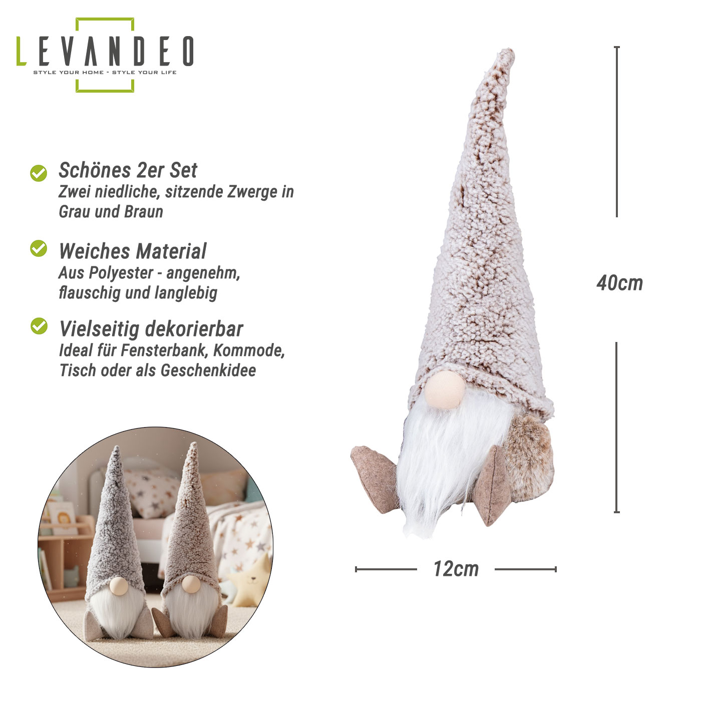 2er Set Wichtel Deko Figuren H40cm Grau Braun Weihnachten Zwerg Weihnachtsdeko