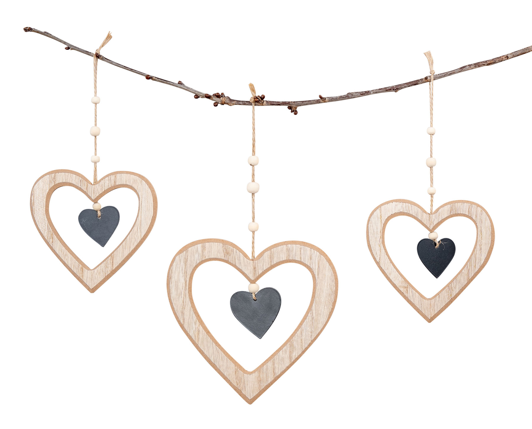 3er Set Herz Anhänger Natur Schwarz MDF Holz Metalldeko Hängedeko Frühling Deko