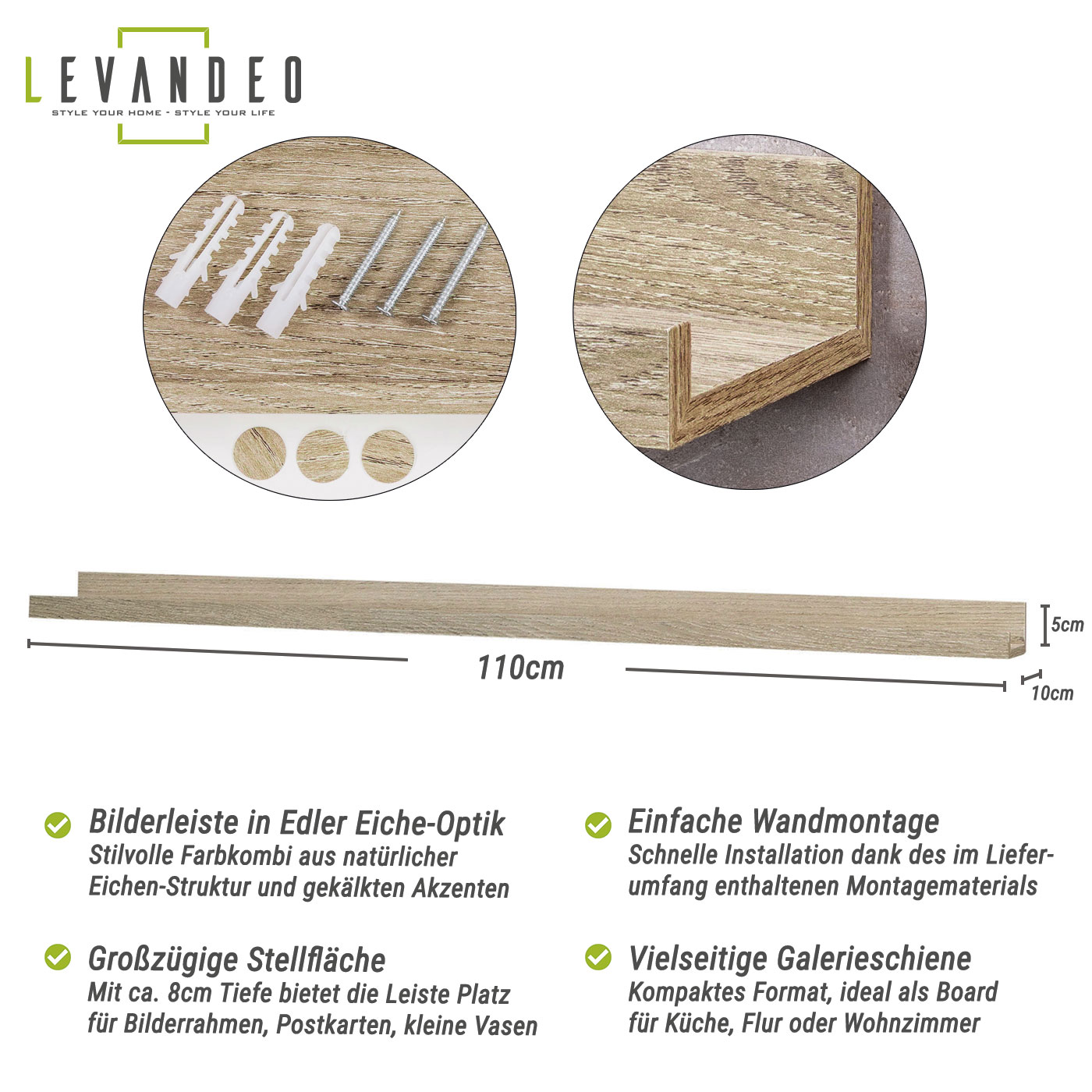 Bilderleiste Eiche Gekälkt L110cm MDF Holz Wandregal Schmal Wanddeko Hängeregal