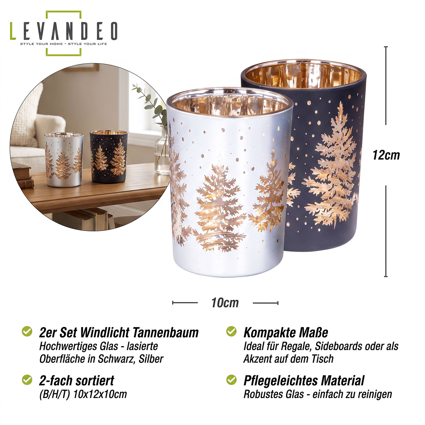2er Set Windlicht Schwarz Gold Silber Tannenbaum Teelichthalter Weihnachten Deko