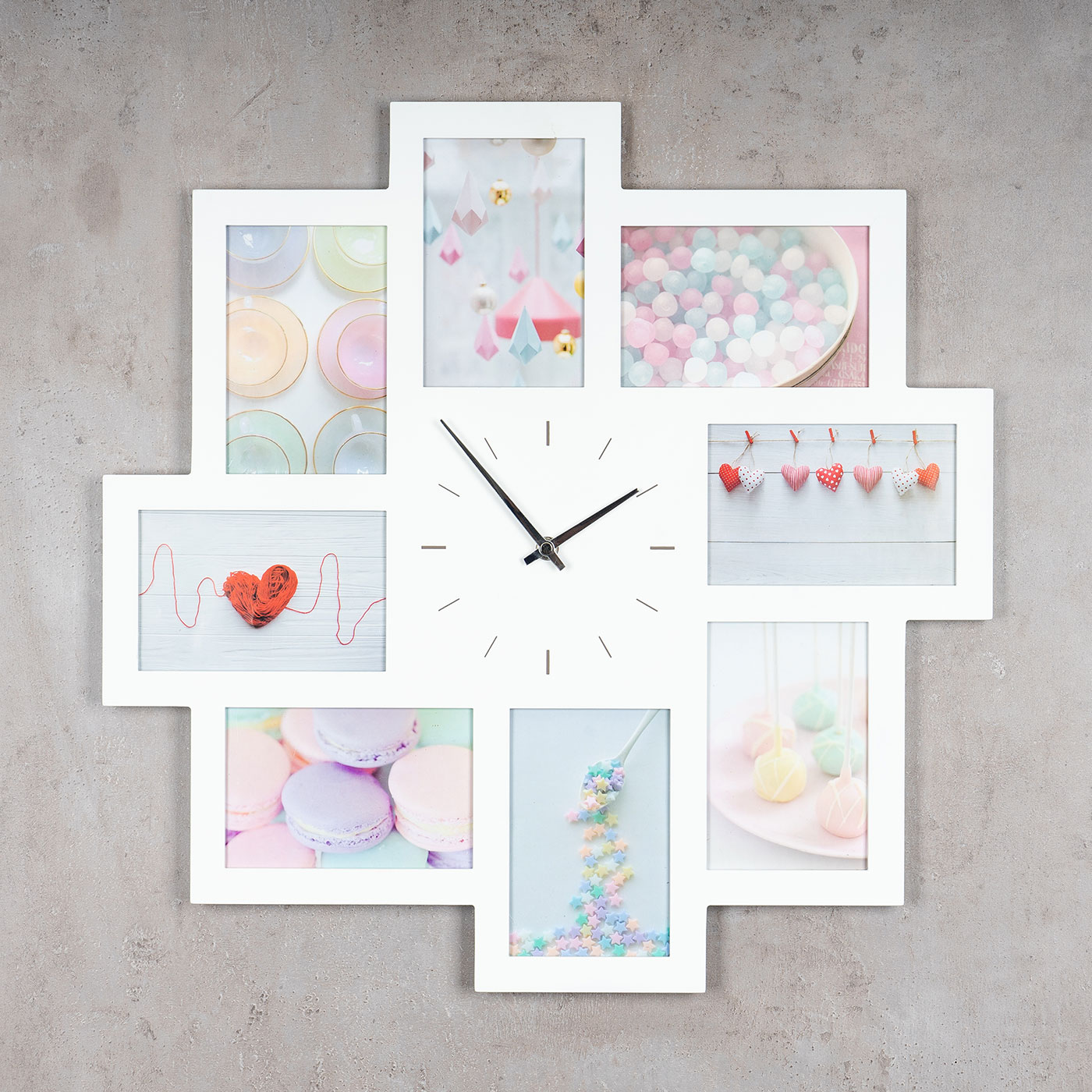 Wanduhr Weiß 52x52cm Holz Bilderrahmen 8 Fotos Bilder Fotorahmen Collage Fotouhr