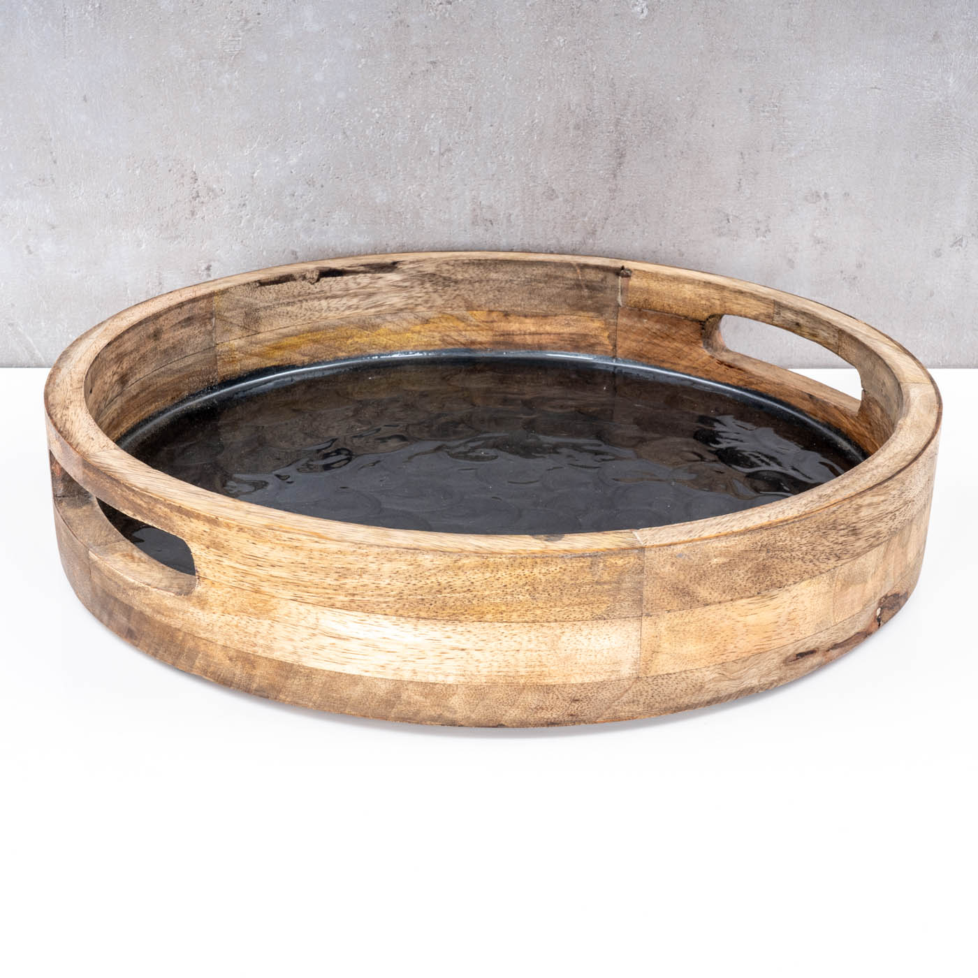 Tablett 35cm Rund Mango Holz Grau Perlmutt Emaille Ablage Serviertablett Deko