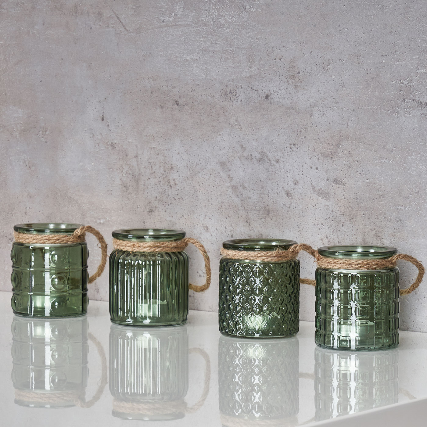 4er Set Windlicht Glas Grün Khaki H10cm Teelichthalter Tischdeko Kerzen Retro Deko