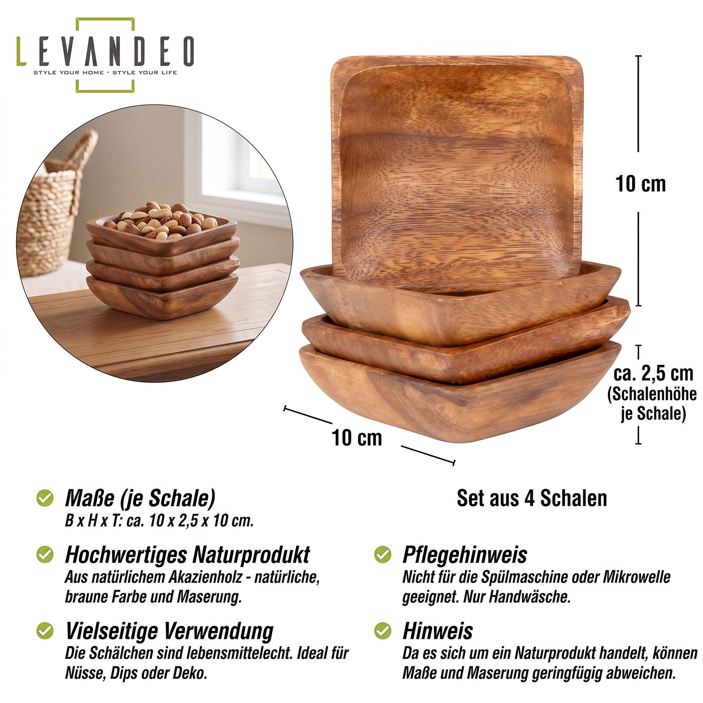 4er Set Snackschalen Akazienholz 10x10cm Holzschale Dipschale Quadratischer Teller
