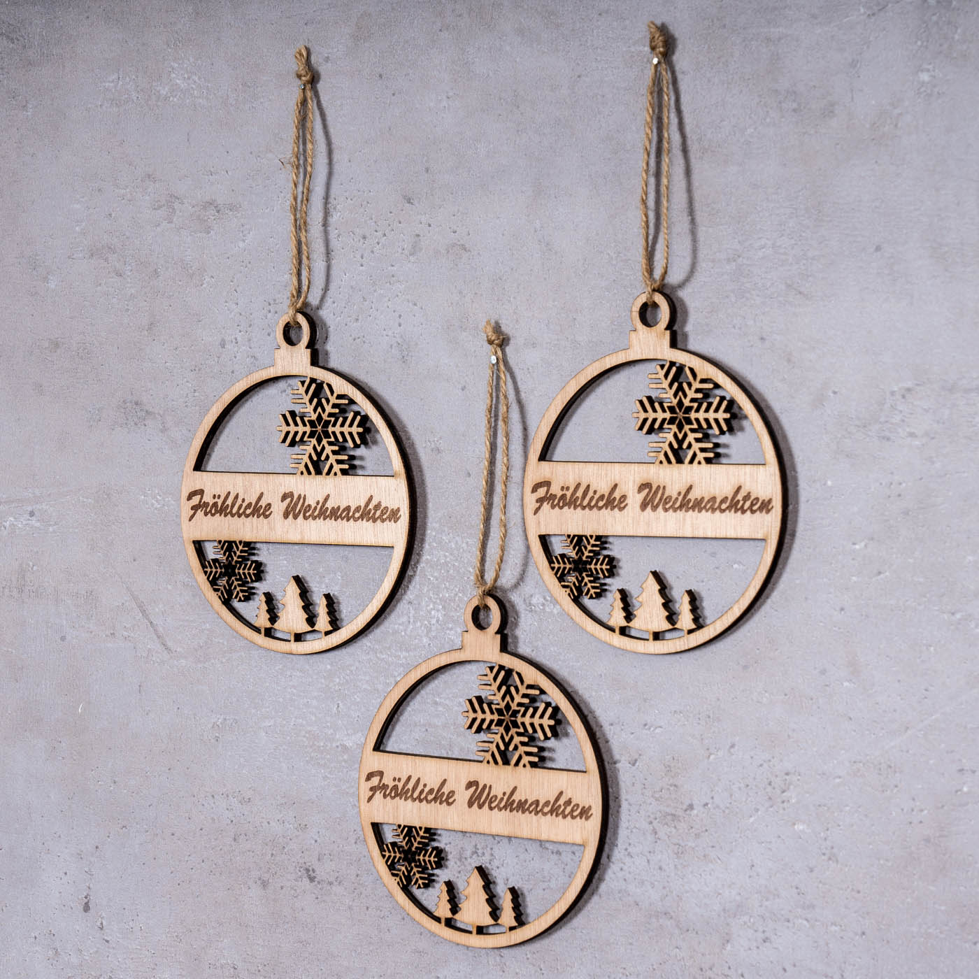 3er Set Deko-Anhänger Fröhliche Weihnachten Holz Birkenholz Baumschmuck Kugel