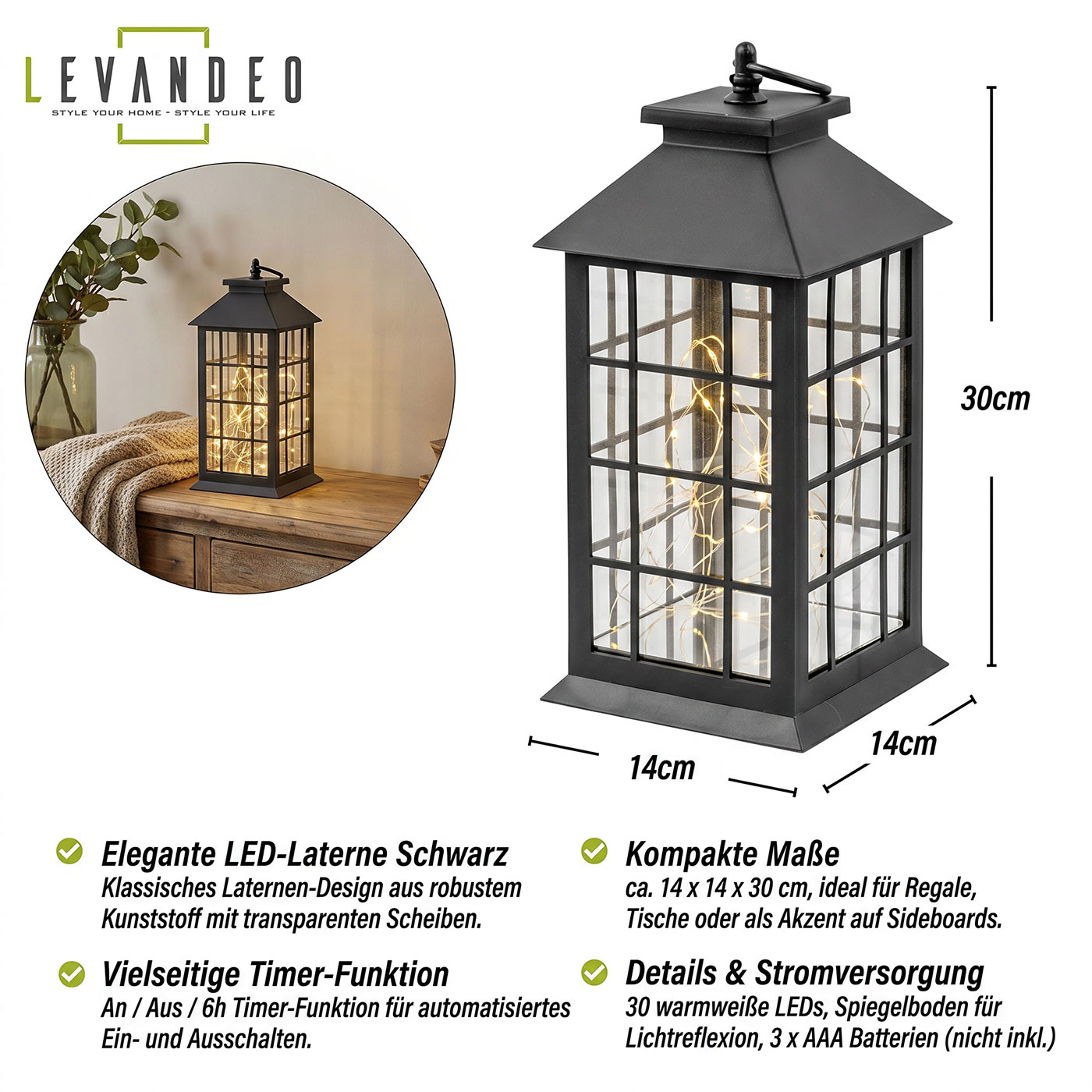 LED Laterne Schwarz H30cm Lichterkette Warmweiß Timer Wohndeko Lampe Kabellos