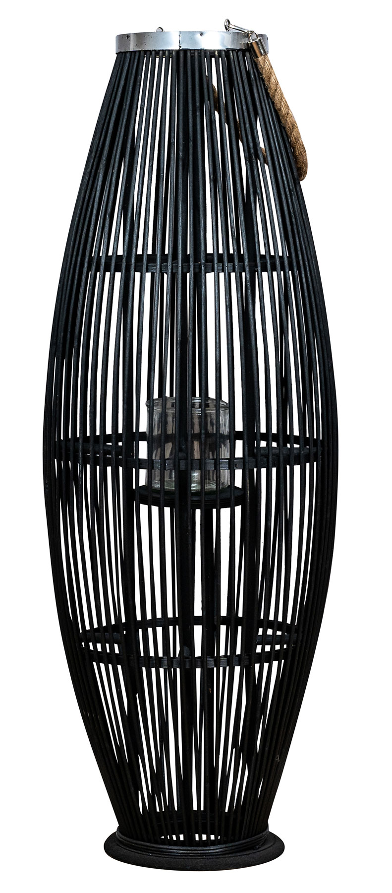 Laterne H72cm Bambus Windlicht Schwarz Holz Glas Kerzenhalter Sisal Deko