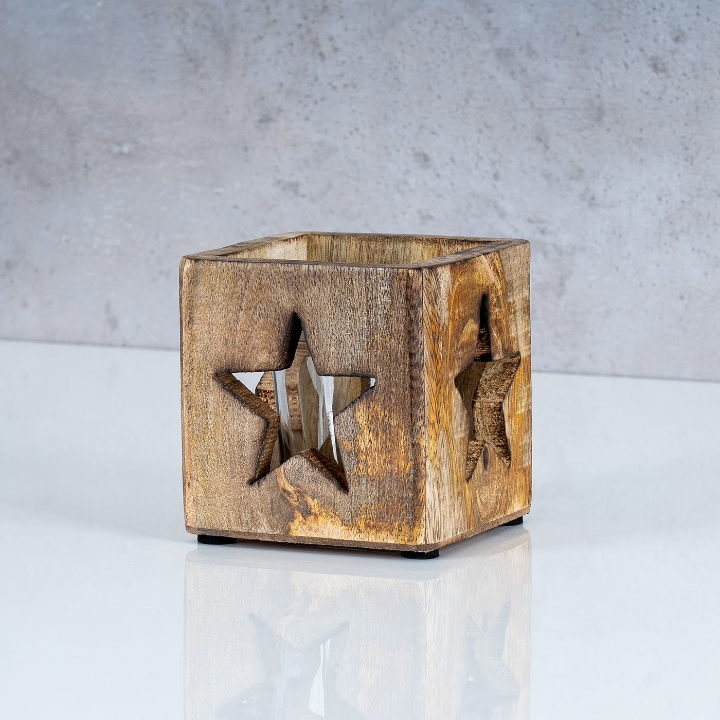 2er Set Windlicht Stern 9cm Mangoholz Teelicht Glaseinsatz Teelichthalter Kerze