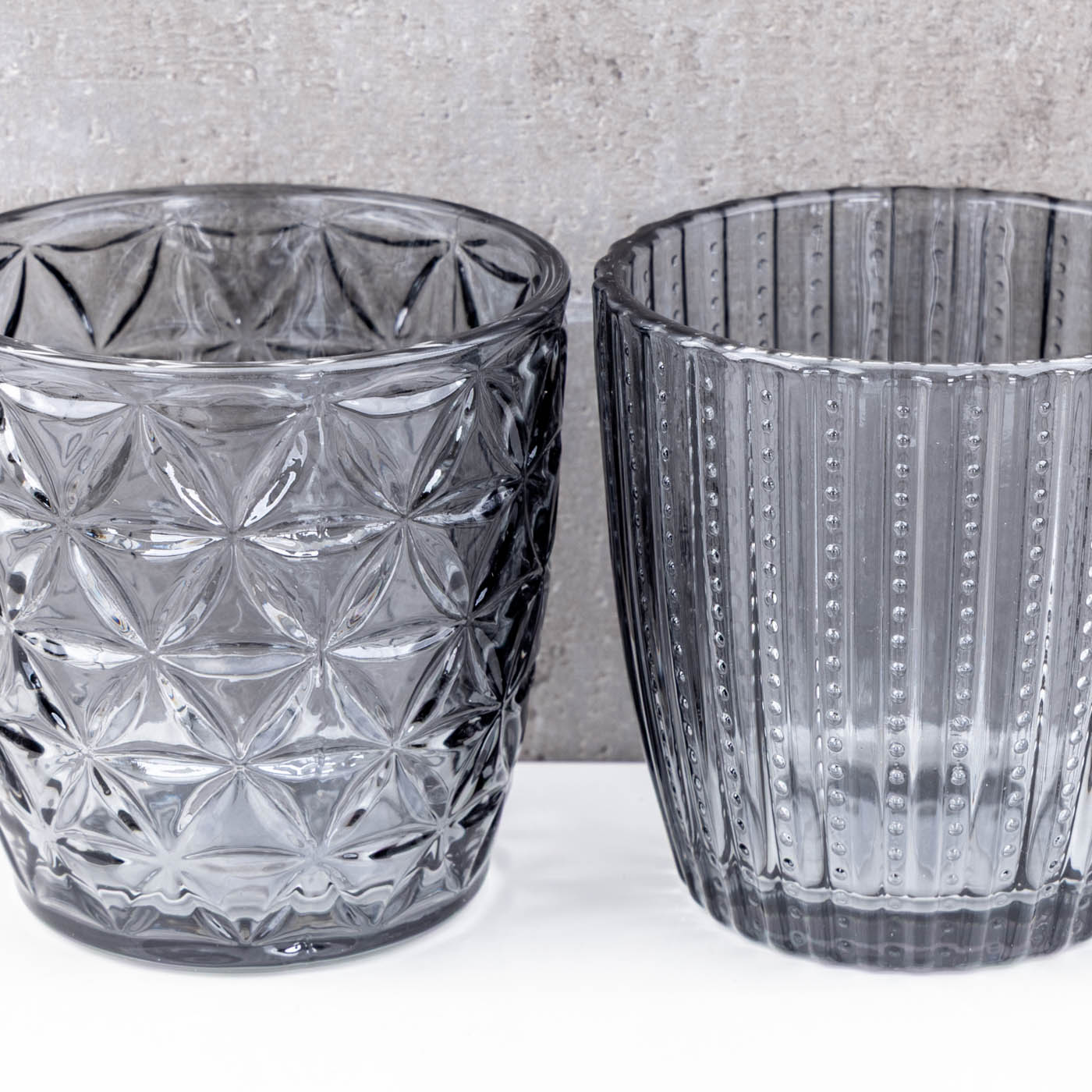 8er Set Windlicht H7,5cm Glas Grau Teelichthalter Tischdeko Kerzen Retro Deko