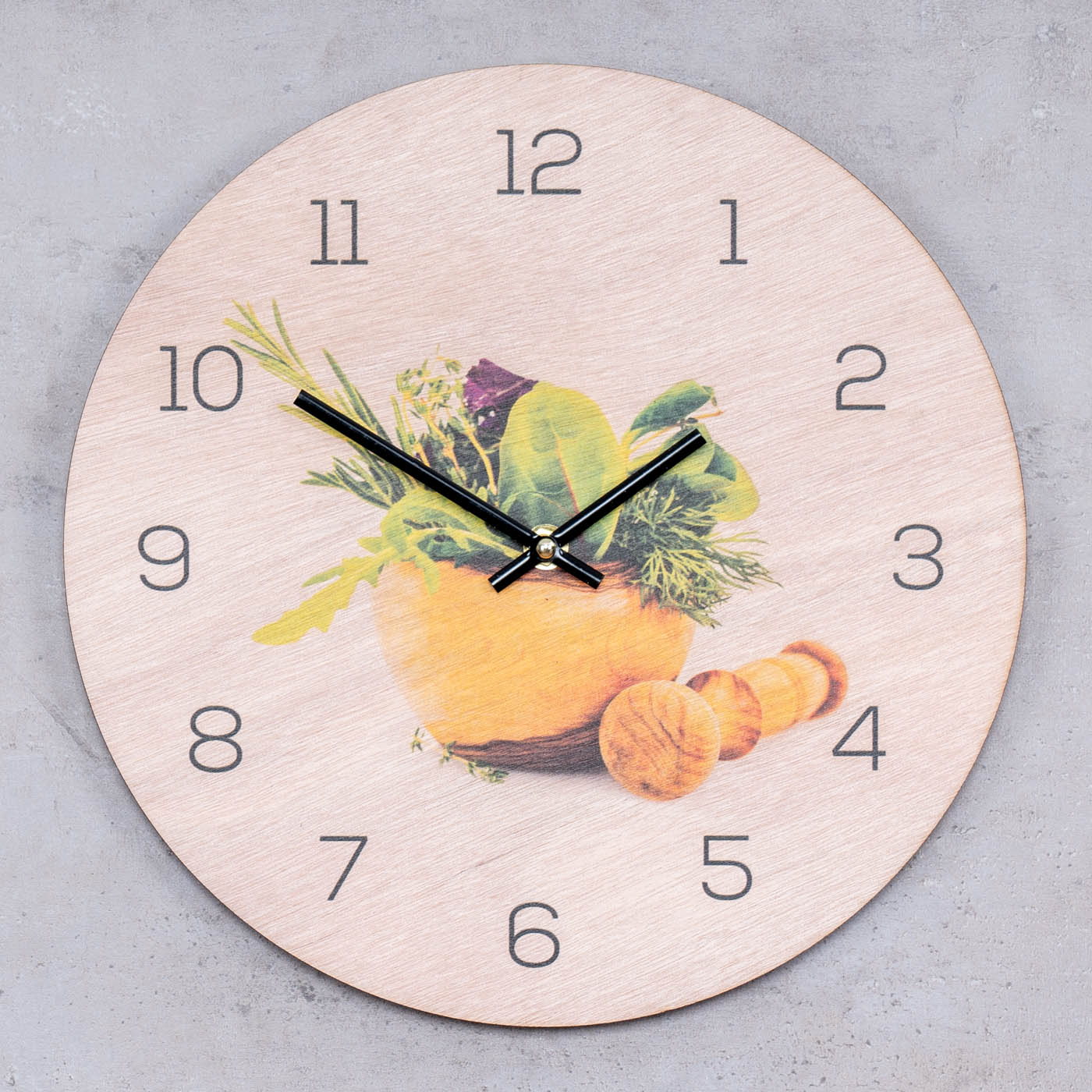 Wanduhr Holz 30x30cm Rund Holzuhr Uhr Holzbild Küche Kräuter Gewürze Deko
