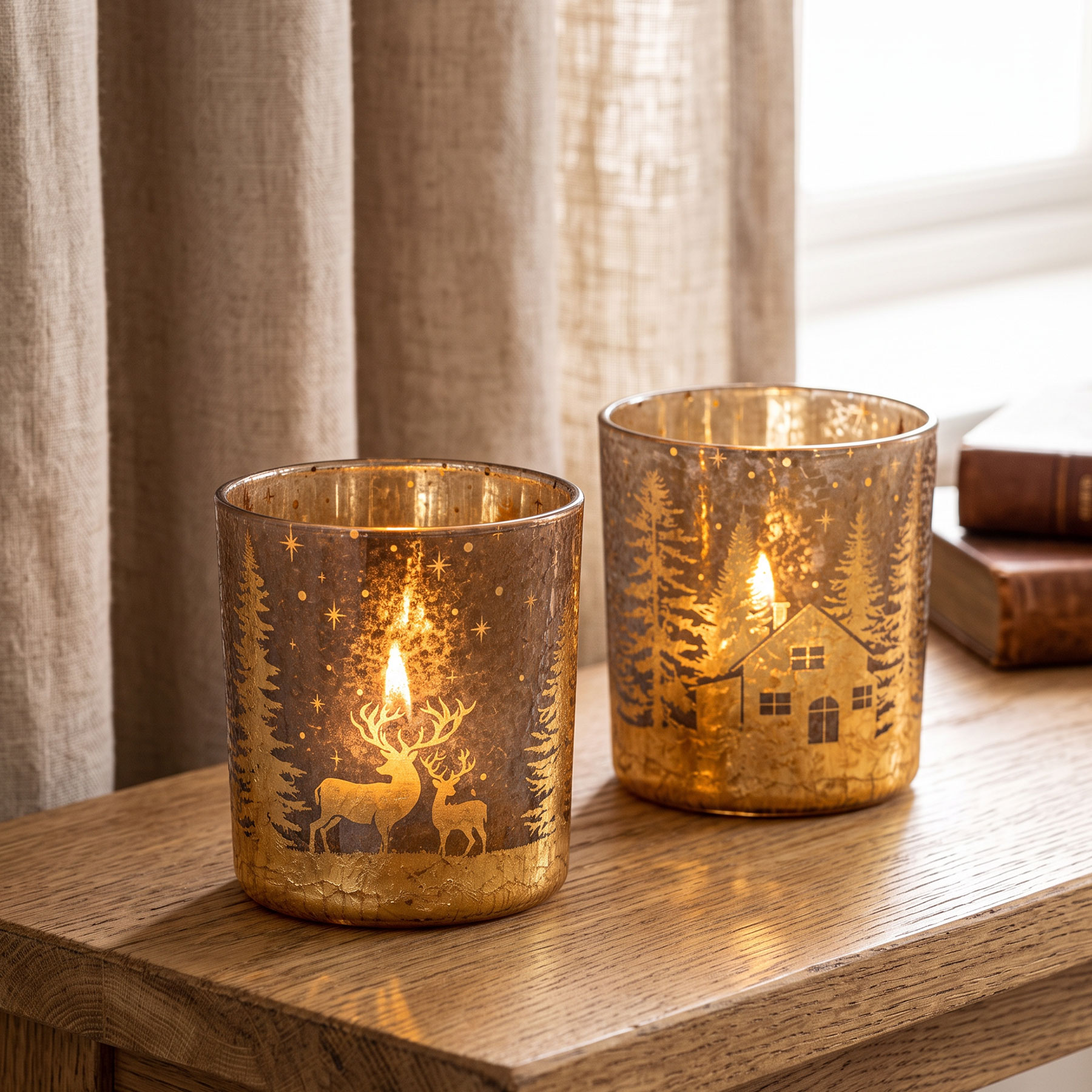 2er Set Teelichthalter Gold Braun Winter Landschaft Glas Kerzenhalter Tischdeko