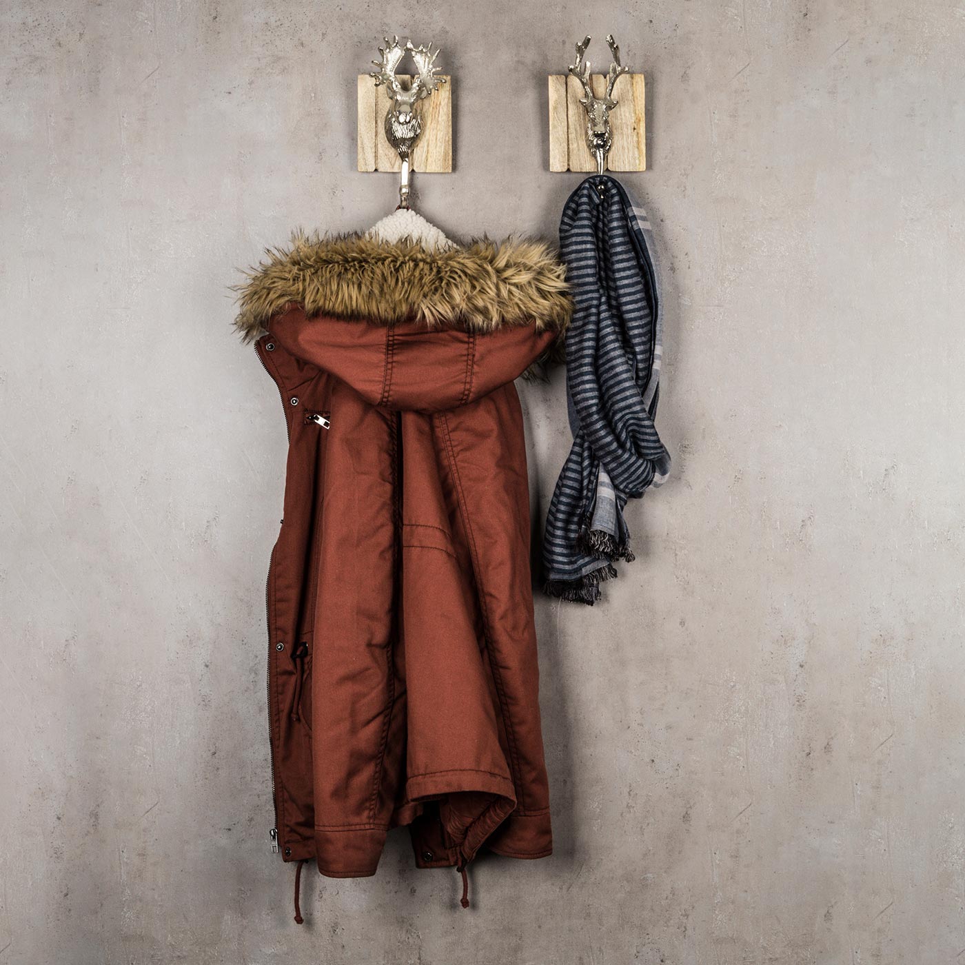 2er Set Wandhaken Hirsch 23x12 Edel-Holz Metall Garderobe Deko Wandgarderobe