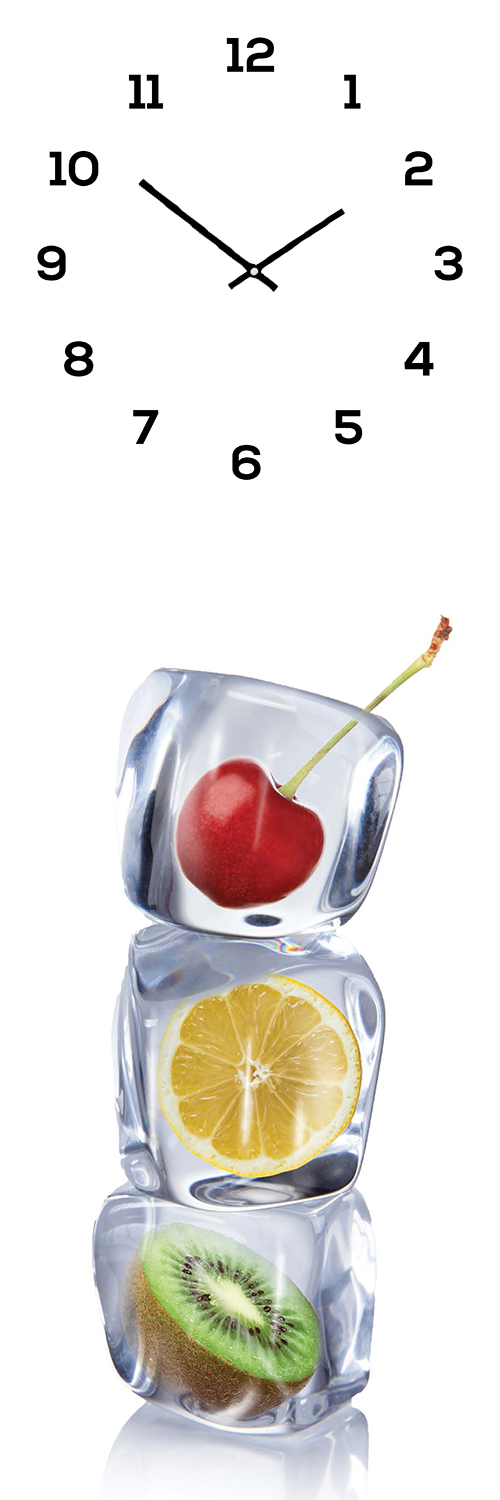 Wanduhr aus Glas 20x60cm Uhr als Glasbild Eiswürfel Obst Früchte Küche