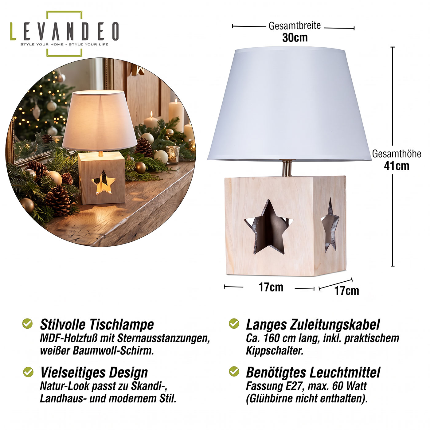 Tischlampe H41cm Stern Weihnachten Deko Leuchte Tischdeko Holzlampe Licht
