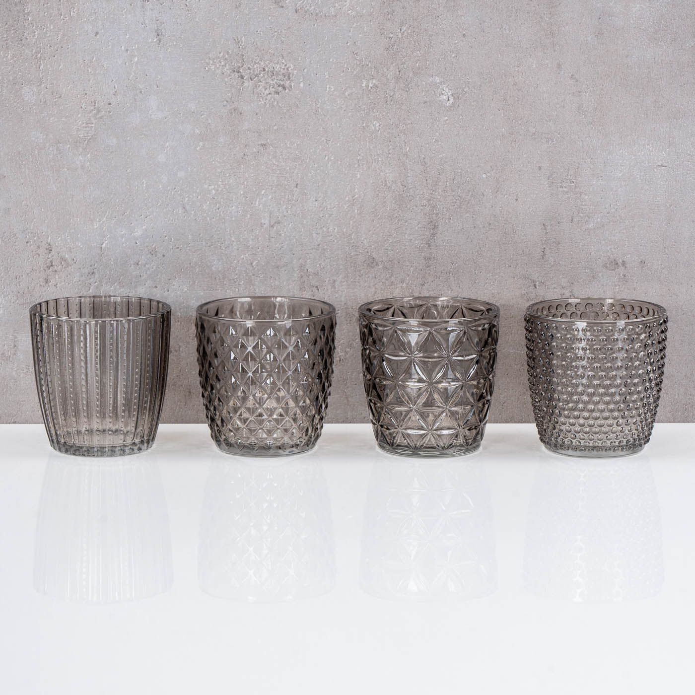 4er Set Windlicht H7,5cm Glas Grau Teelichthalter Tischdeko Kerzen Retro Deko